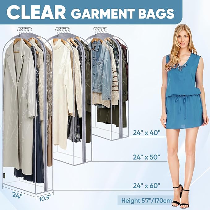 BALEINE 60'' Clear Garment Bags for Hanging Clothes, 10.5'' Wide PEVA Suit Bag for Closet Clothes Dresses Coat (Clear, 9PK)