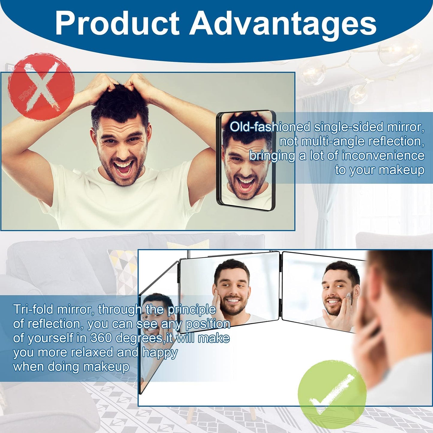 LMZNXCZ 3 Way Mirror for Self Hair Cutting,360 Haircuts Men for Barber Use Tools,to See Back of Head,Tri Fold Mirror with Portable Height Adjustable Telescoping Hooks (6.7" x 10.8")