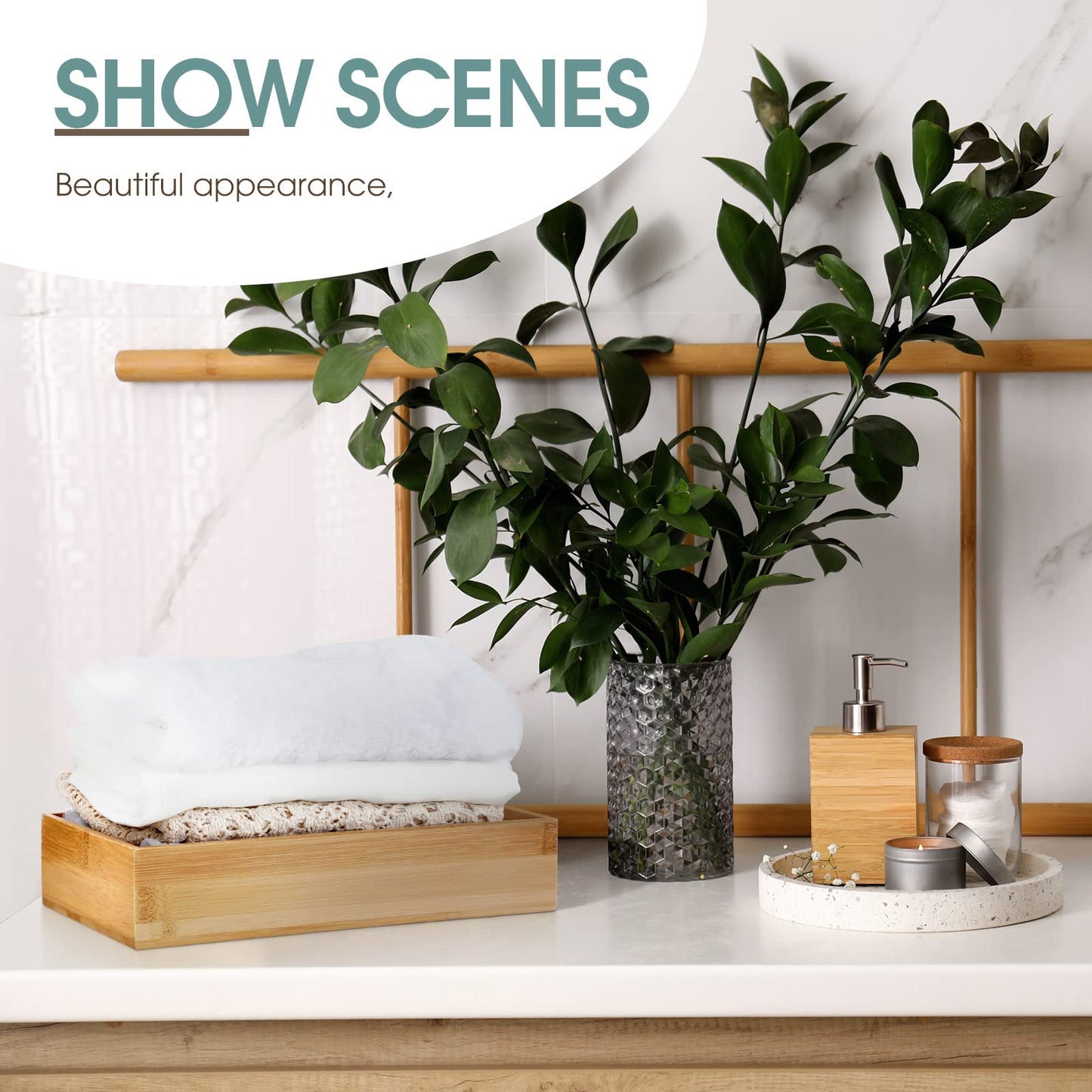 Chengu 2 Pcs Bamboo Bathroom Trays Small Vanity Tray for Toilet Tank and Bathroom Counter Top, Wood Napkin Holder Tray Organizer for Soap Dispenser Perfume Home Kitchen Decor, 9.8 x 5.5 Inch