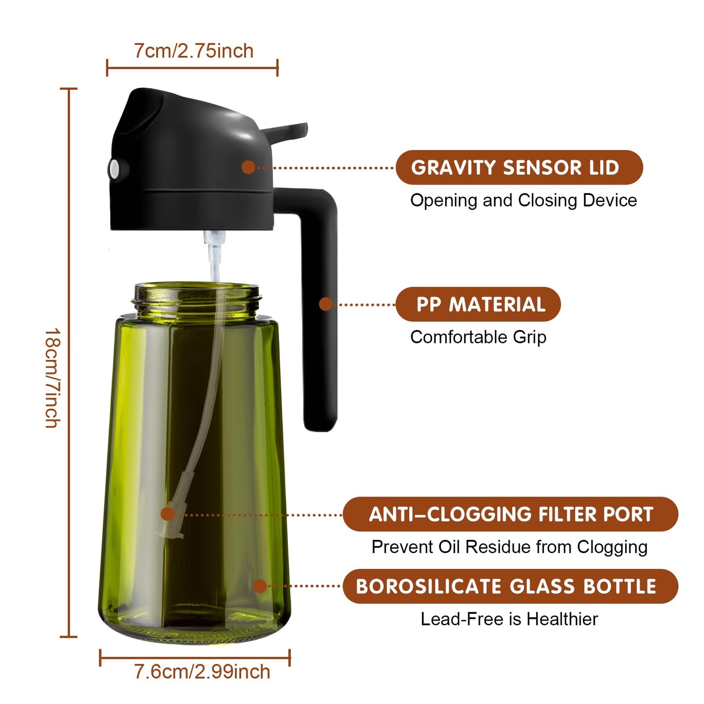 YARRAMATE 16oz/470ml 2PCS Light Blockage Dark Oil Sprayer for Cooking, 2 in 1 Olive Oil Dispenser Bottle for Kitchen, Green Glass Oil Bottle, Food-Grade Oil Mister for Air Fryer, BBQ (Black & Green)
