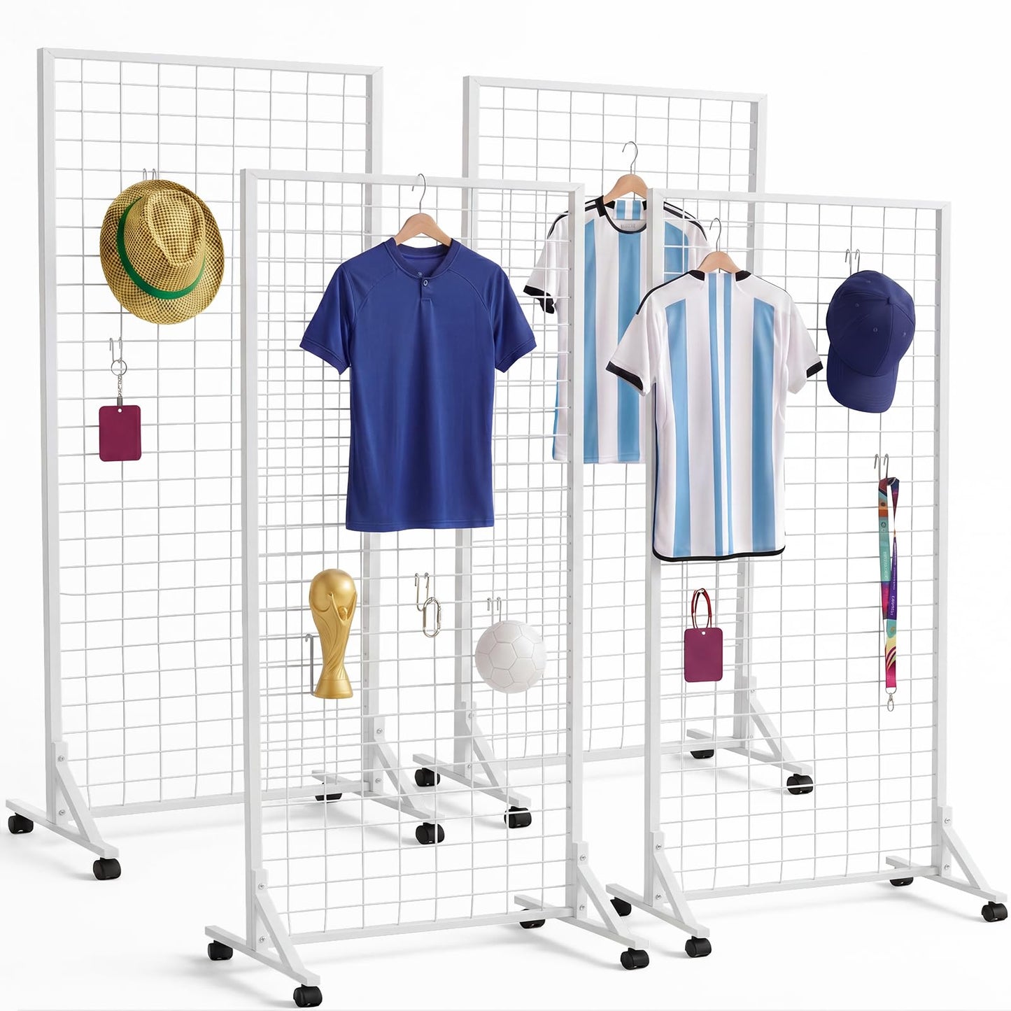 Blulu 4 Pcs 2' x 6' Grid Wall Display Stand with T-Base, 2026 Freestanding Grid Tower for Vendor Events & Craft Shows, Sports Jersey & T-Shirt Display Rack for Game Day Fan Shop (White)