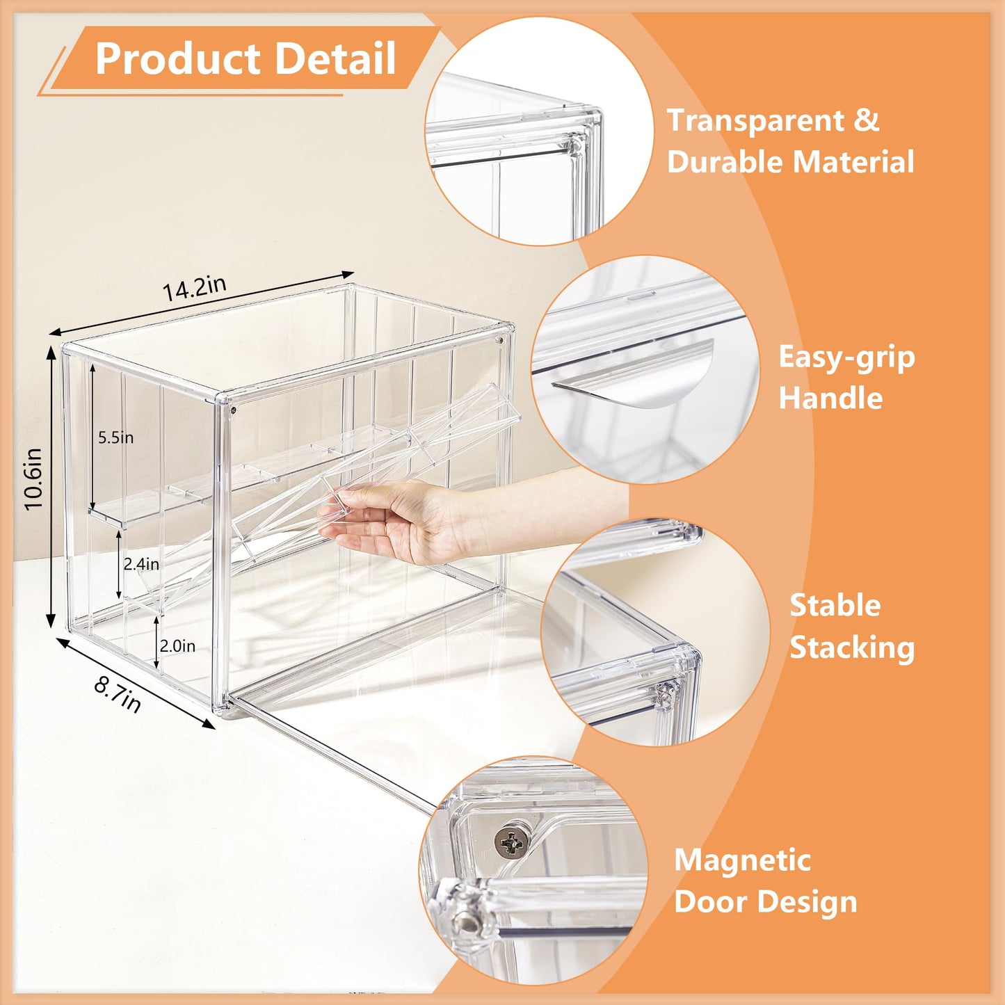 Attelite Clear Acrylic Display Case,3 Tier Display Shelf with 2 Movable Plate, Stackable Protection Showcase for Action Figures, Display Storage Box Countertop with Magnetic Door
