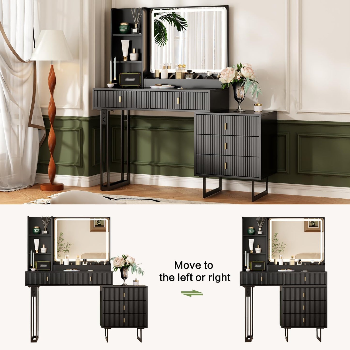 Large Vanity Desk with 3 Color Touch Screen Dimming Mirror, Vanity Desk with Charging Station, Modern Retractable Makeup Dressing Table, Makeup Table With storage shelves and 5 Sliding Drawers, Black