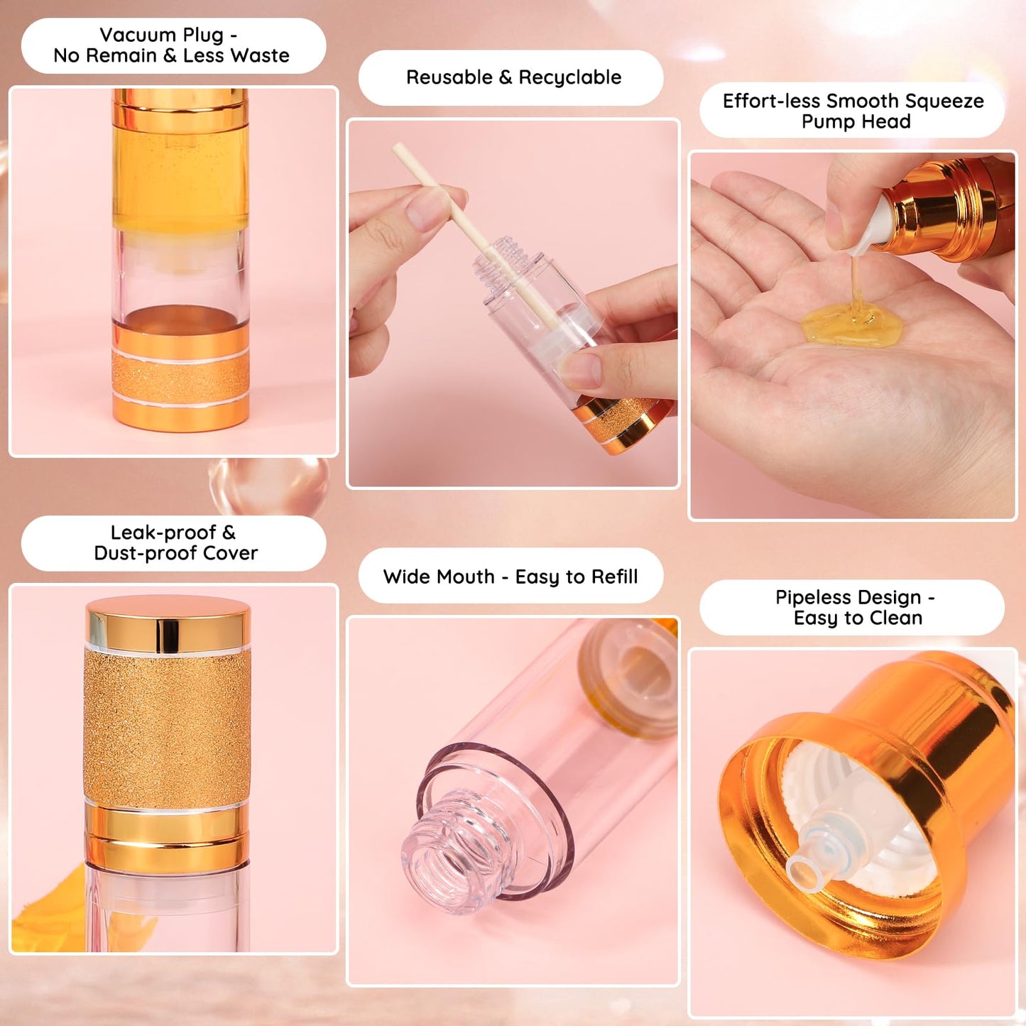Segbeauty 1oz Airless Travel Lotion Containers for Toiletries Gold, 3pcs Mini Refillable Dispener Bottle with Pump, 30ml Empty Vacuum Cosmetic Skincare Containers for Creams, Small Travel Size Bottles