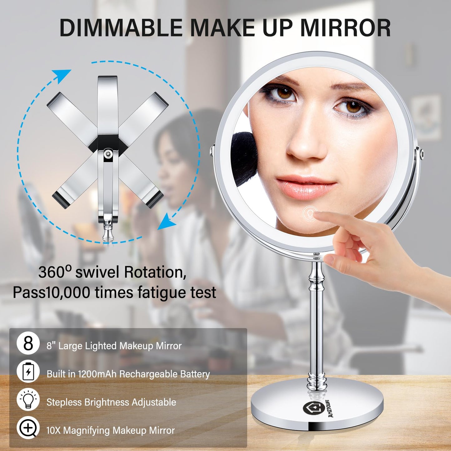 AMZTOLIFE 8" Lighted Makeup Mirror, 10X Makeup Mirror with Lights, Double Sided Dimmable Magnifying Mirror with Light, Rechargeable and Brightness Adjustable, Cordless Vanity Mirror with Lights