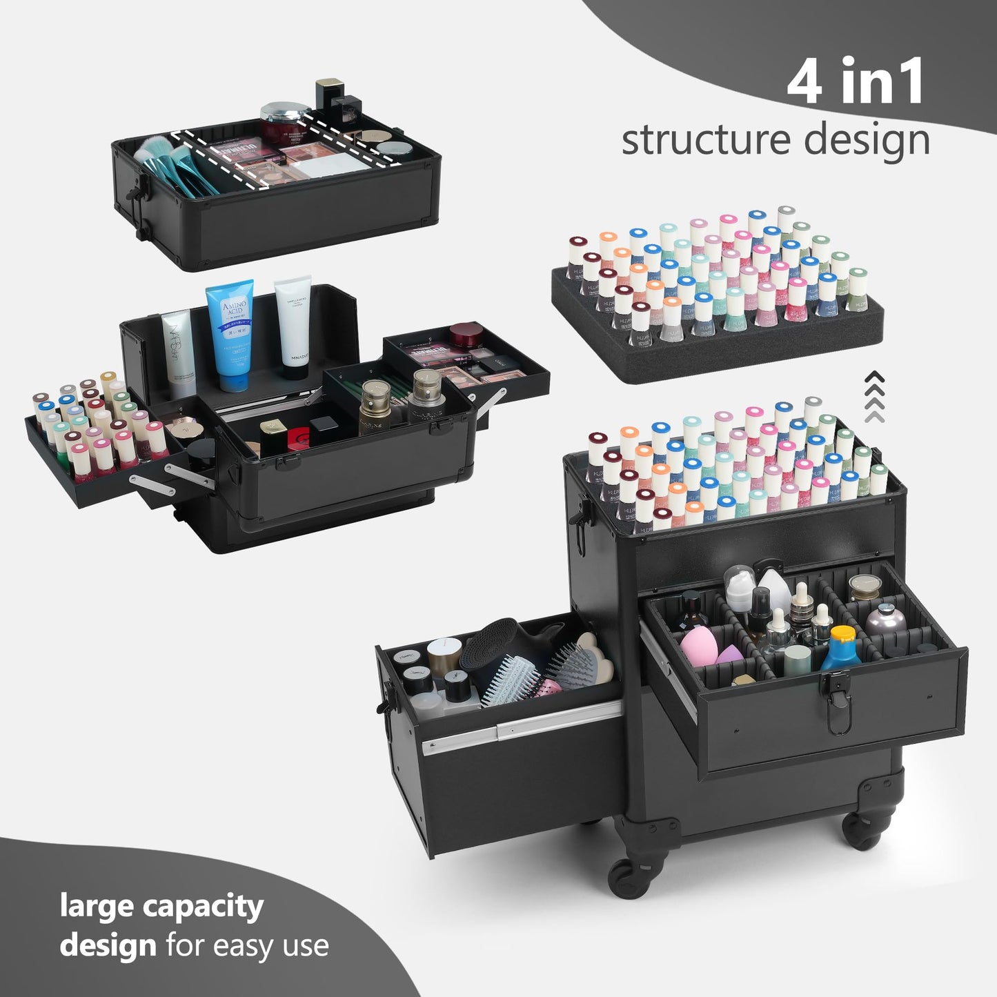 Somduy 4 in 1 Rolling Makeup Case on Wheels with Drawer and Professional Cosmetic Organizers for Salon Barber - Bright Black