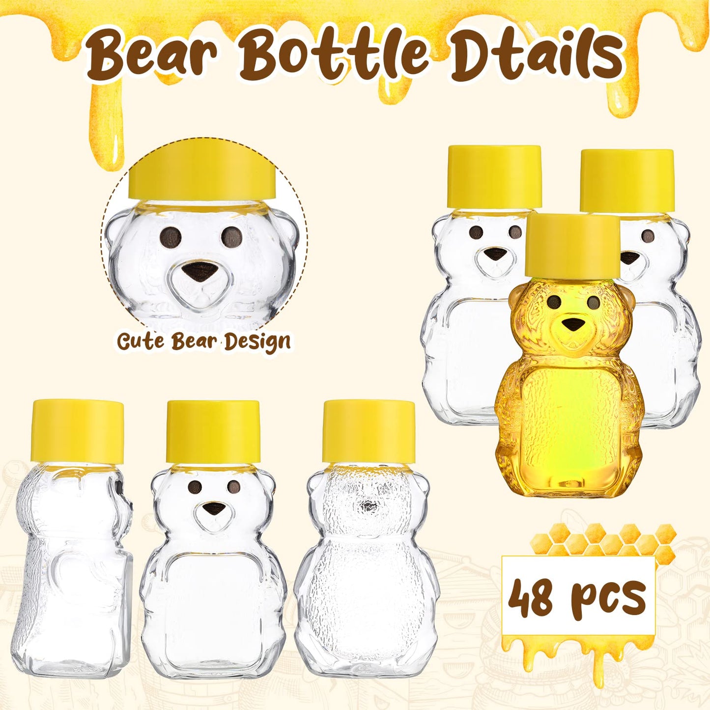 Patelai 48 Pcs 2 oz Plastic Honey Bear Bottle Clear Empty Honey Containers Bulk Reusable Mini Cup Jars with Lids Juice Bottle for Holidays Baby Shower Gifts(Yellow)