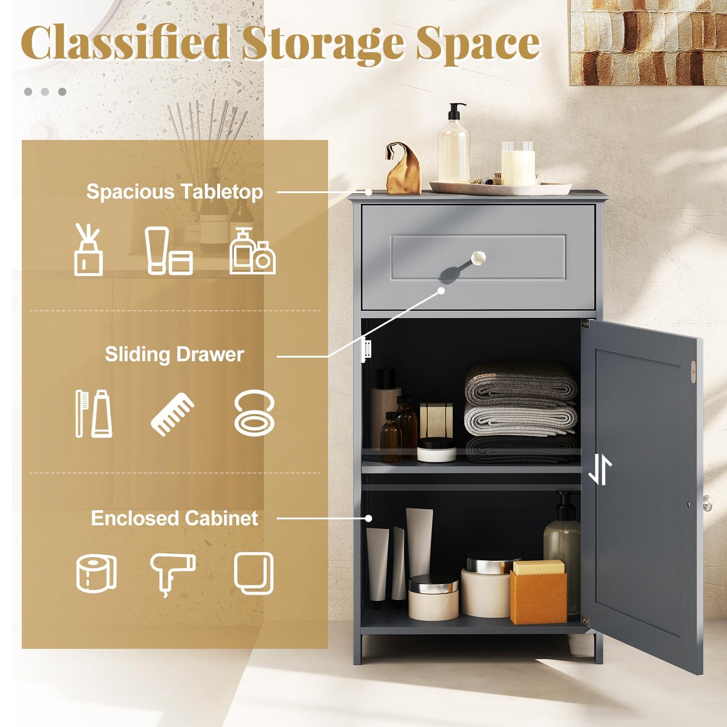Giantex Floor Bathroom Storage Cabinet - Freestanding Cabinet with Drawer, Door, Adjustable Shelf, Anti-Tipping Device, Storage Organizer for Sofa Side, Bathroom, Living Room