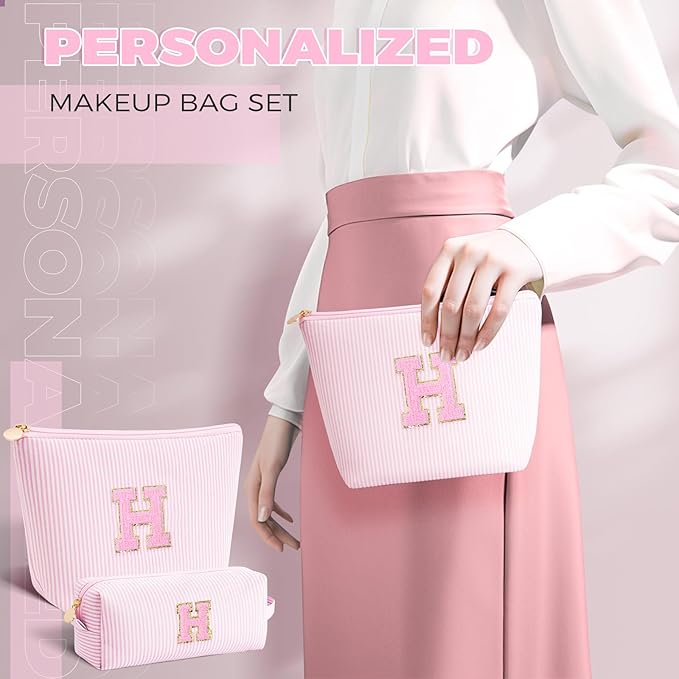 Monogrammed Gifts for Women - Cosmetic Bag for Teen,Initial Cute Makeup Bag Set for Women,Trendy Pouch for Niece Sister Friend Female Her,Birthday Gifts for Daughter - Pink,H