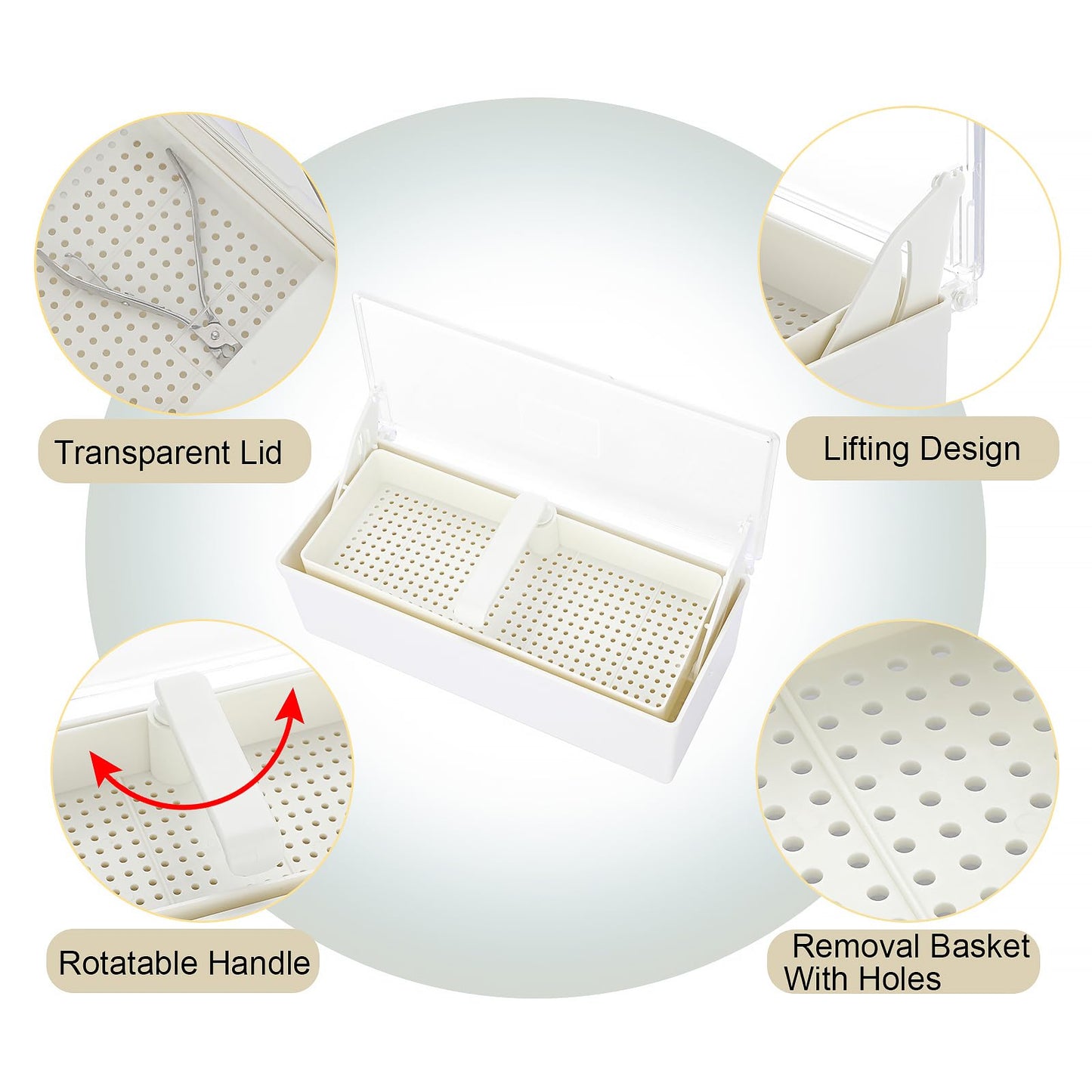 JUXYES Plastic Sterilizing Tray for Nail Art Accessories Tools, Portable Nail Art Tool Sterilizer Tray with Strainer, Storage Box Tool Box for Tweezer Manicure Tools Pedicure Tool