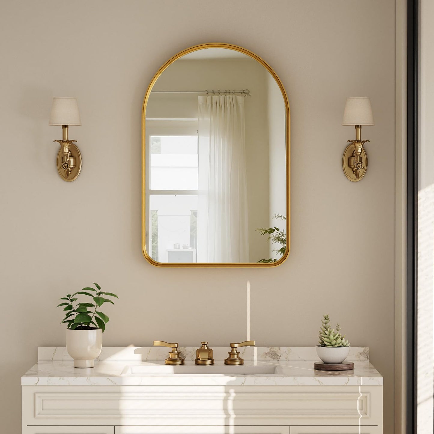 Arched Bathroom Mirror - 30x20 Inch Gold Bathroom Mirror for Wall - Aluminum Alloy Framed Mirror - Arched Top Bathroom Vanity Mirror for Living Room, Bedroom, Mantel, Entryway, and Hallways