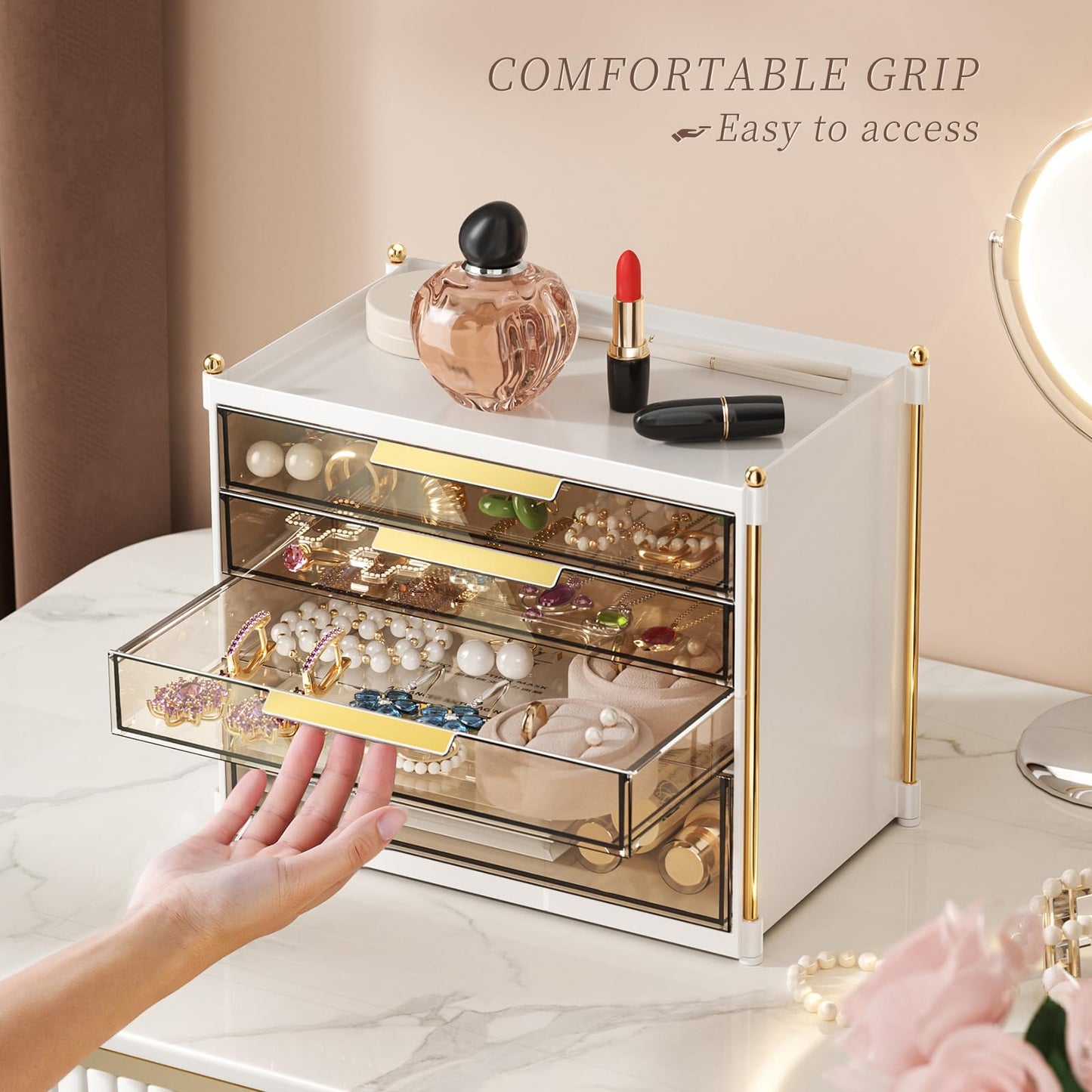 Aveniee 4 Drawers Makeup Organizer- Bathroom Organizers and Storage, Plastic Bins Countertop Perfume Vanity Desk Organization for Cosmetic, Skincare, Face Mask, Jewelry, Gold