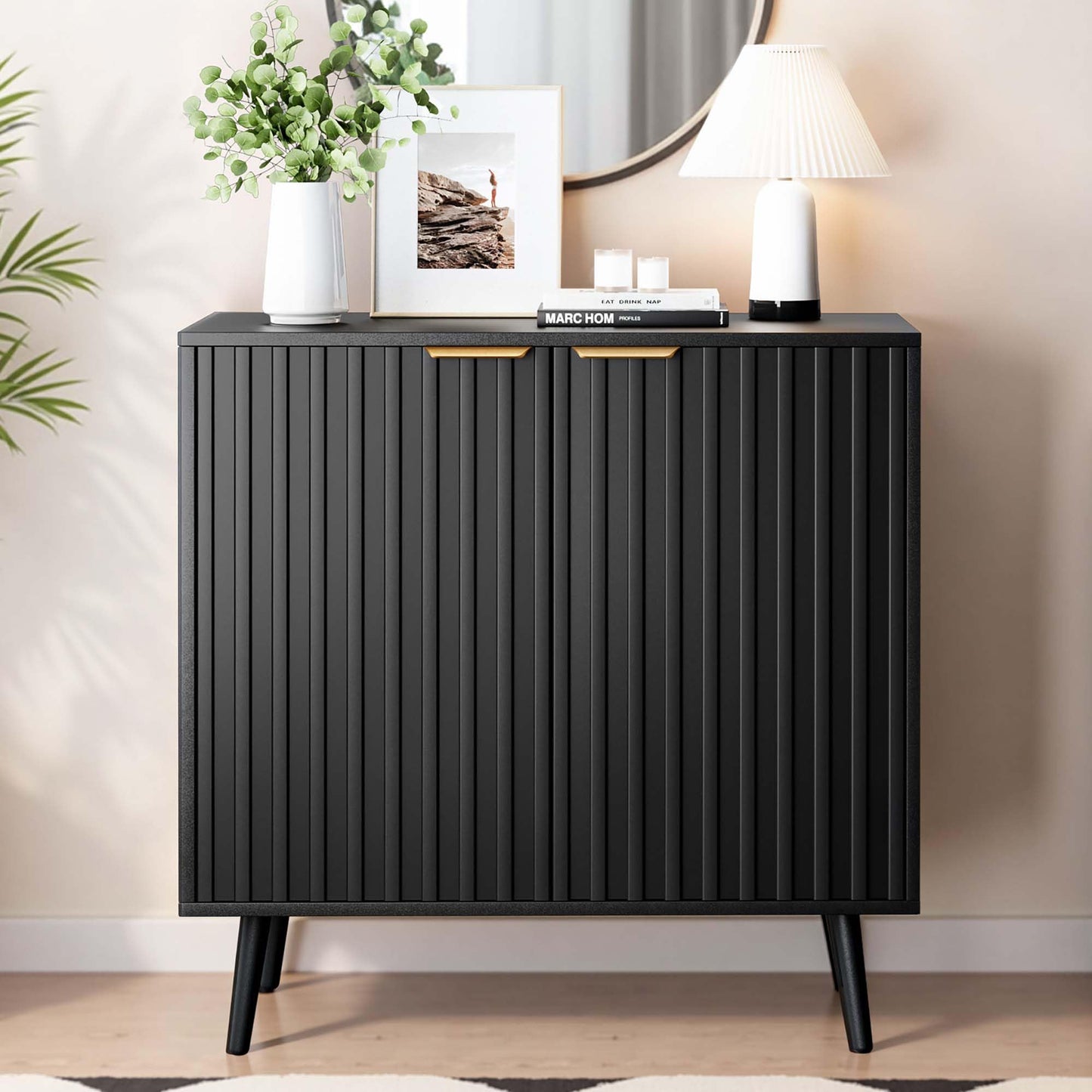 REHOOPEX Fluted Storage Cabinet, Buffet Cabinet with Storage, Wood Sideboard with Adjustable Shelf, Modern Accent Cabinet & Console Table for Entryway, Living Room, Dining Room, Black