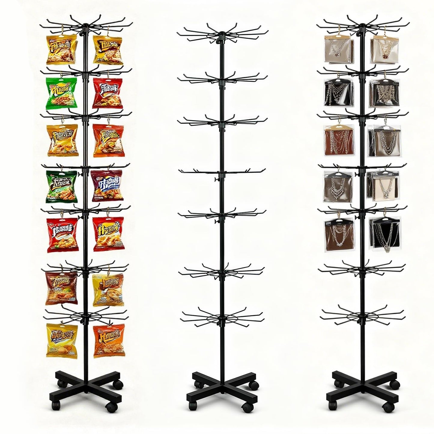 DEYEGELEA 7 Tier Rotating Rack Shelves Retail Display Stand,Jewelry Keyring Socking Hats,Movable Shop Spinner for Toys Show,Adjustable height,retail display racks For Store Display,Black