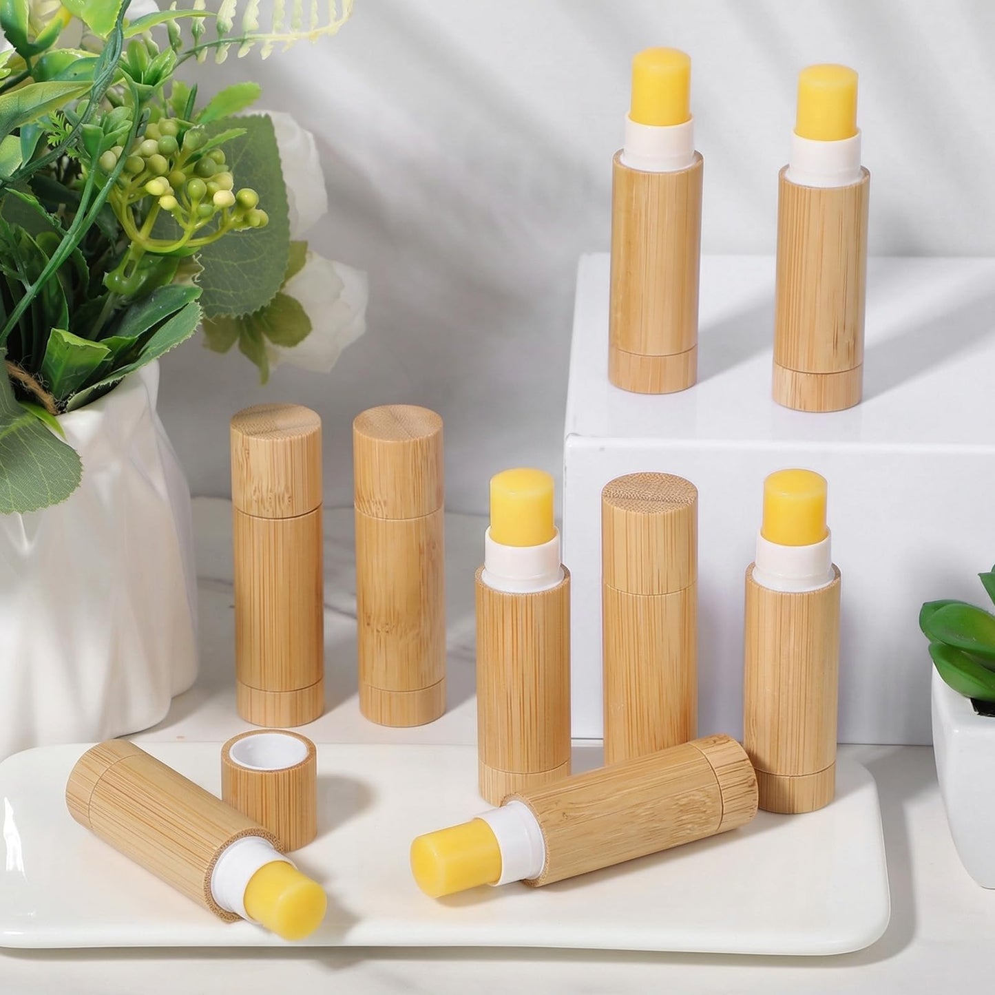 24pcs Bamboo Empty Lipstick Tubes, 5g Refillable DIY Lip Balm Containers Lip Gloss Tubes with Rotable Plastic Inner for Women Cosmetic Lip Gloss Tubes for Lipstick, Deodorant, Solid Perfume, Makeup