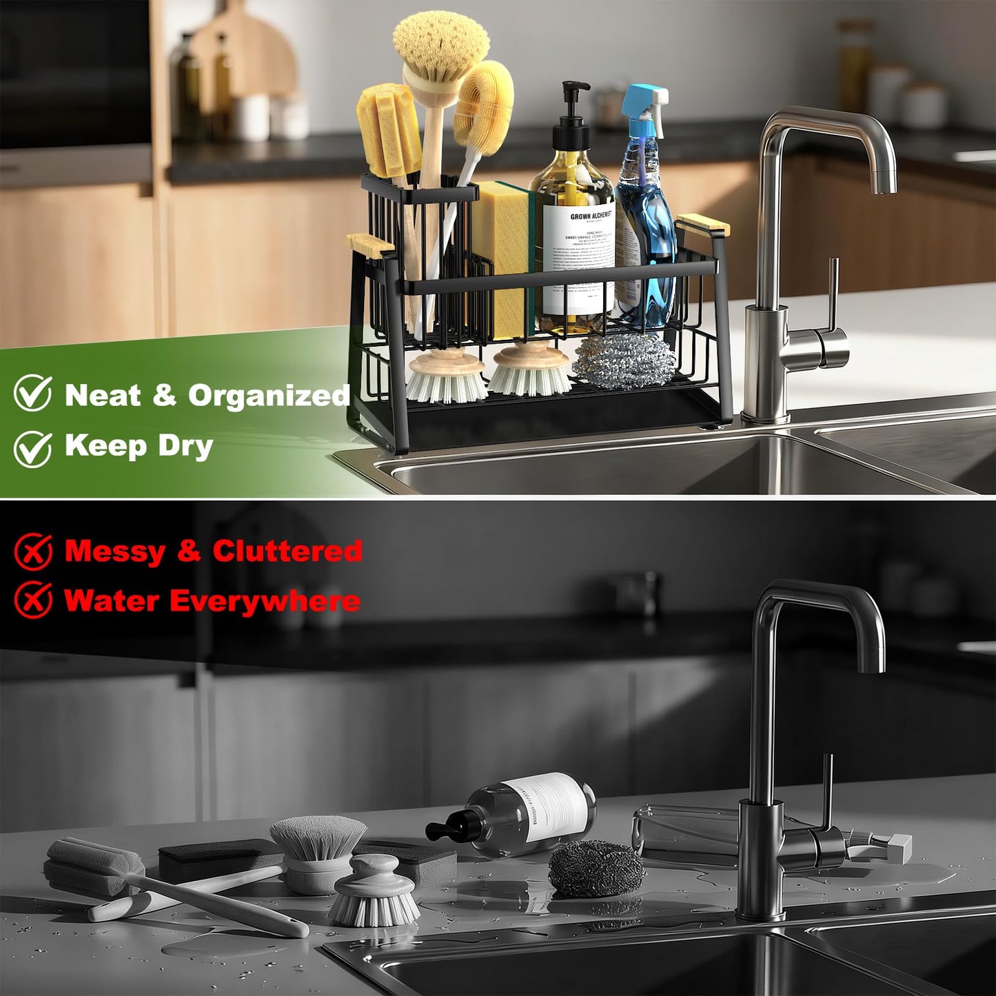 Housolution Sink Caddy Organizer, 2-Tier Sponge Holder for Kitchen Sink with Flexible High Brush Holder, Kitchen Countertop Storage Accessories, Soap Dispenser Organizer, Rustproof