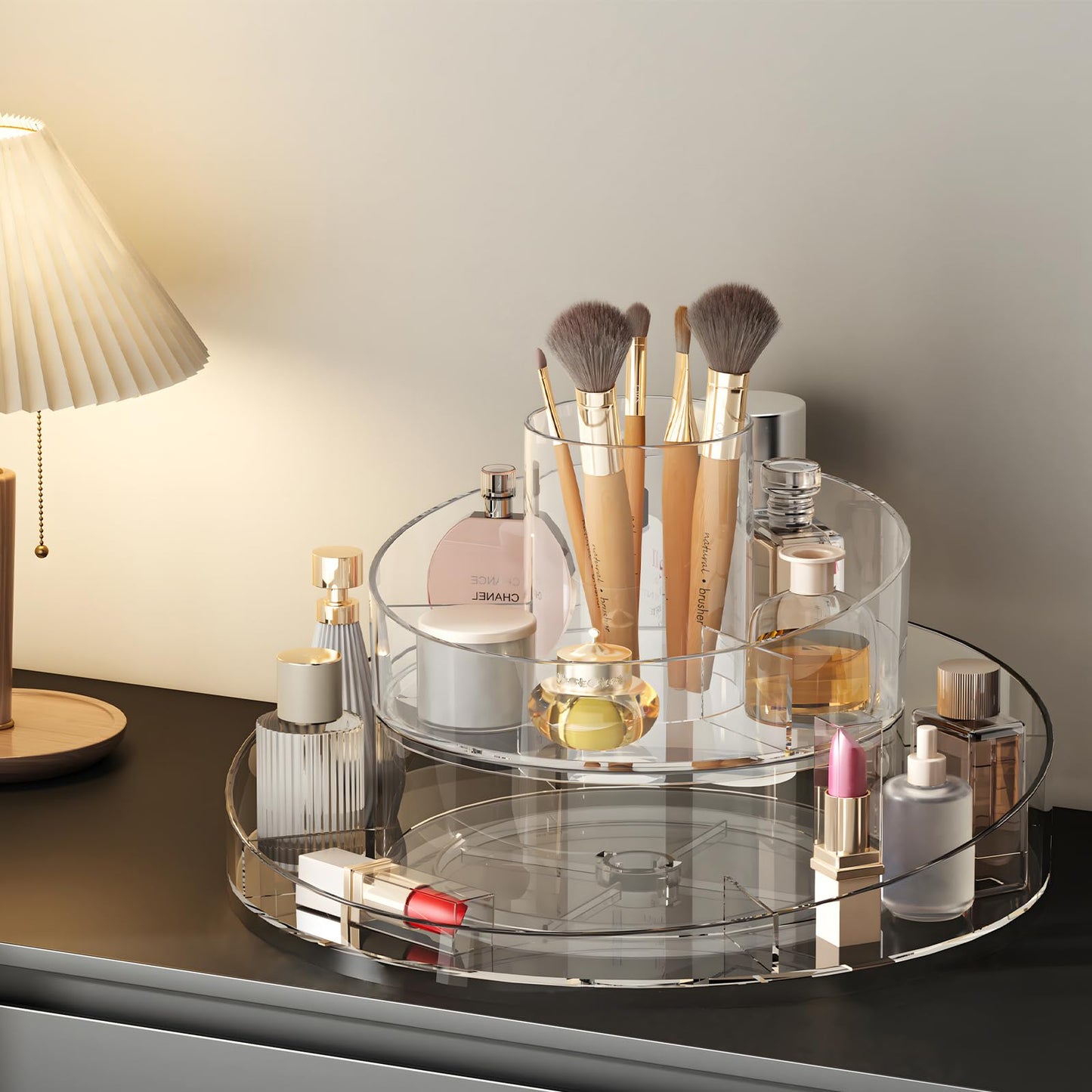 Molutsody 360° Rotating Makeup Organizer - Cosmetic Skincare Organizers wish Brush Holder, Large Capacity Cosmetic Display Case for Vanity, Bathroom Countertop (Clear)