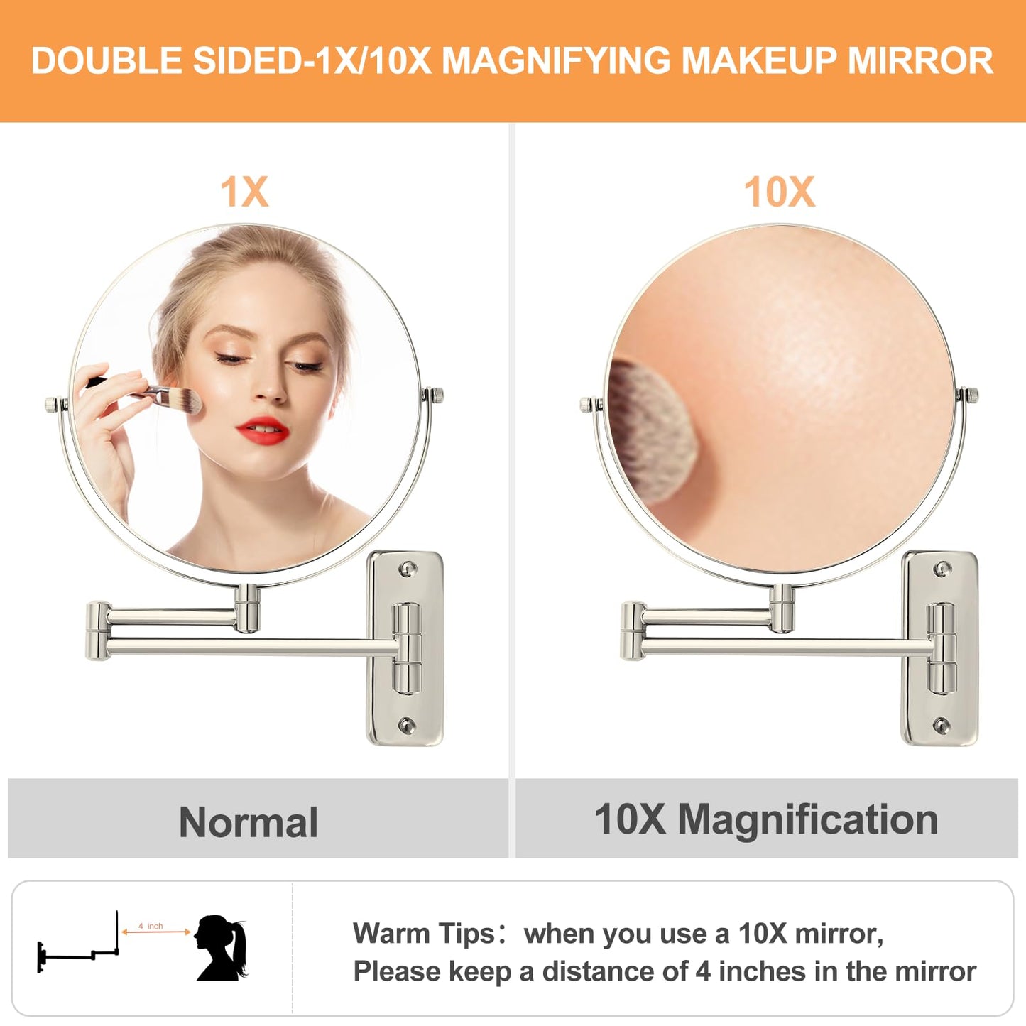 FFowcye 8" Wall Mount Magnifying Mirror, 1X/10X Double-Sided Makeup Mirror Wall Mounted with Extendable Folding Arm, 360° Rotation, Brushed Nickel, Perfect for Shaving & Makeup in Bathroom (No Light)