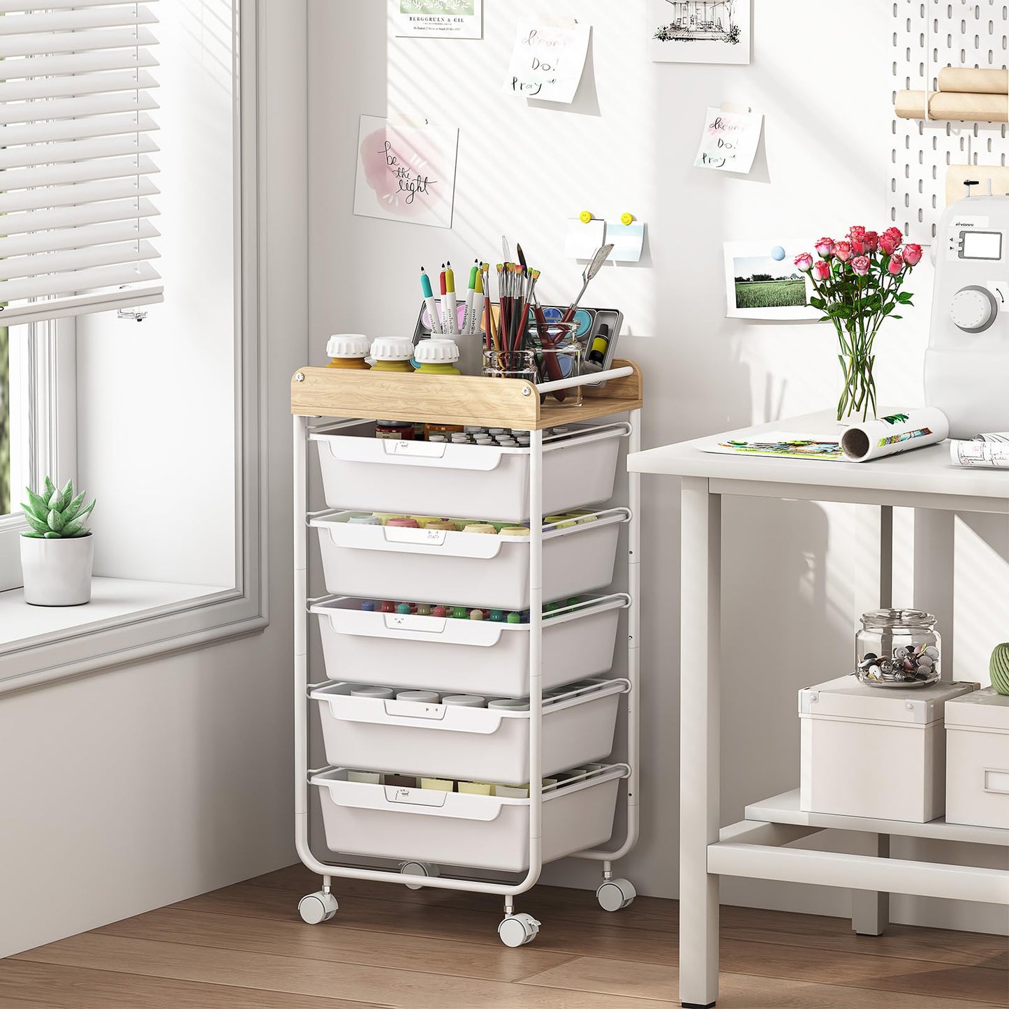 Utility Cart with Drawers,Craft Cart with 5 Drawers,Art Supply Organizer,Rolling Drawer Cart,Craft Storage Cart,Storage Drawer Carts With DIY Lable and Wooden Tabletop Area,White