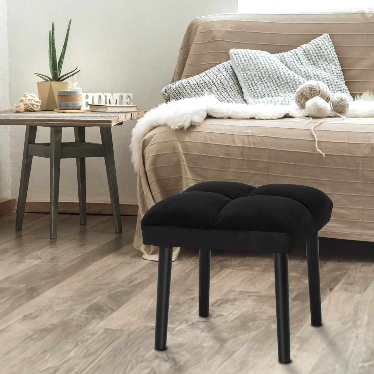 HOUCHICS Black Ottoman Stool, Square Makeup Stool with Wooden Legs, Small Ottoman Stools Chair for Vanity, Modern Padded Sofa Seat Foot Rest Stools(Black)