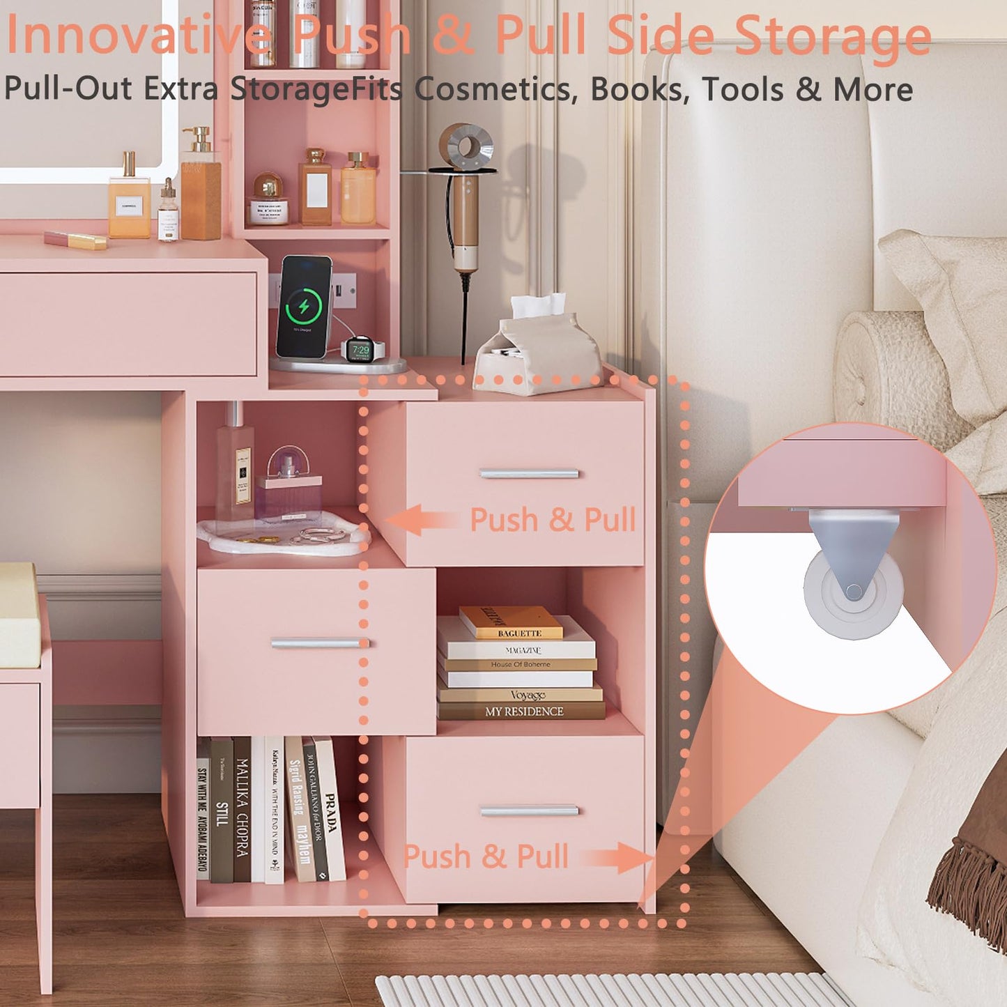 Vanity Desk with LED Lighted Mirror, Sliding Side Cabinet with Expandable Storage, Makeup Table with Drawers & Shelves, Built-in Power Outlet, Vanity Set with Storage Stool for Bedroom (Pink)