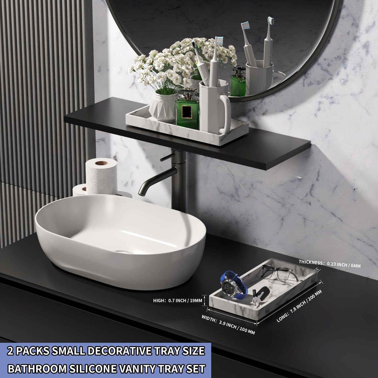 BBK Bathroom Vanity Tray 7.8 in - 2 Pack(Small) Silicone Bathroom Tray for Counter, Perfume Key Trinket Ring Tray, Decor Soap Dispenser Countertop Tray for Kitchen Sink Organization (Faux Marble Look)