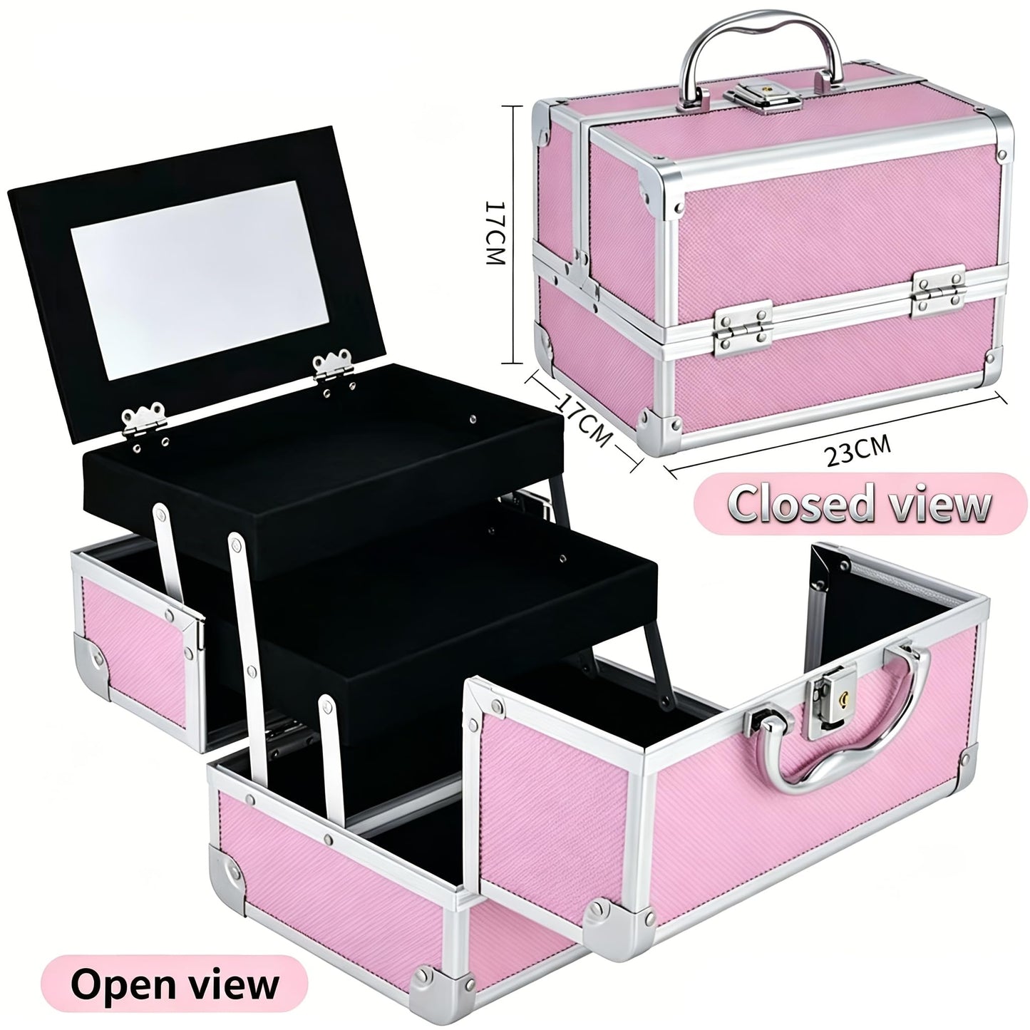 Makeup Train Case with Mirror: 2-Tier Cantilever Lockable Cosmetic Organizer, Hard Shell Aluminum Frame, Large Capacity for Brushes & Foundation, Portable Travel Gift for Beauty Lovers