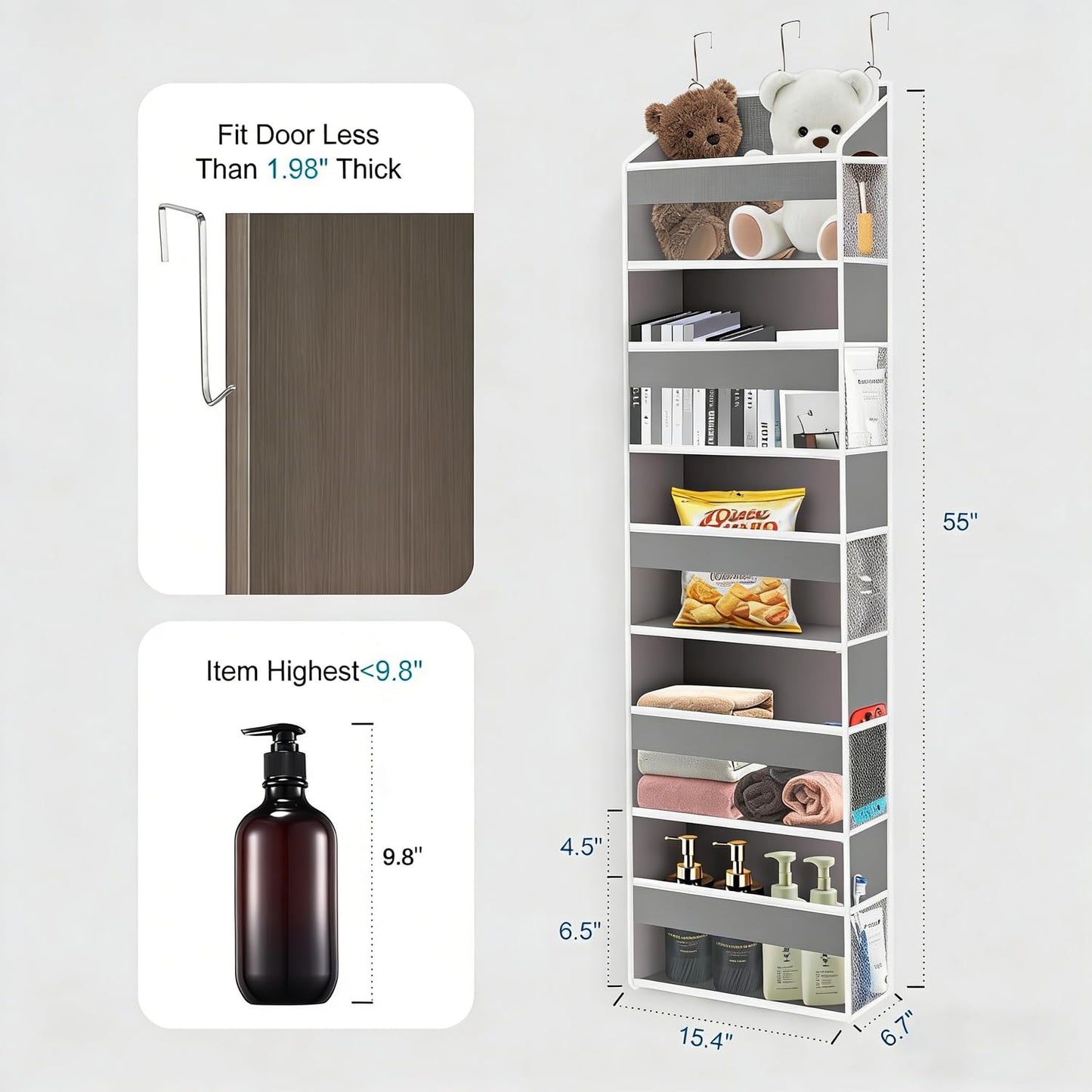 XiflLife Over The Door Organizer Closet,5 Bins 10 Side Pockets,Hanging Organizer,Anti Tilt 44 lbs Load Organizers and Storage with Clear Window for Bedroom,Nursery,Rv,Bathroom,Camper(Light Grey)