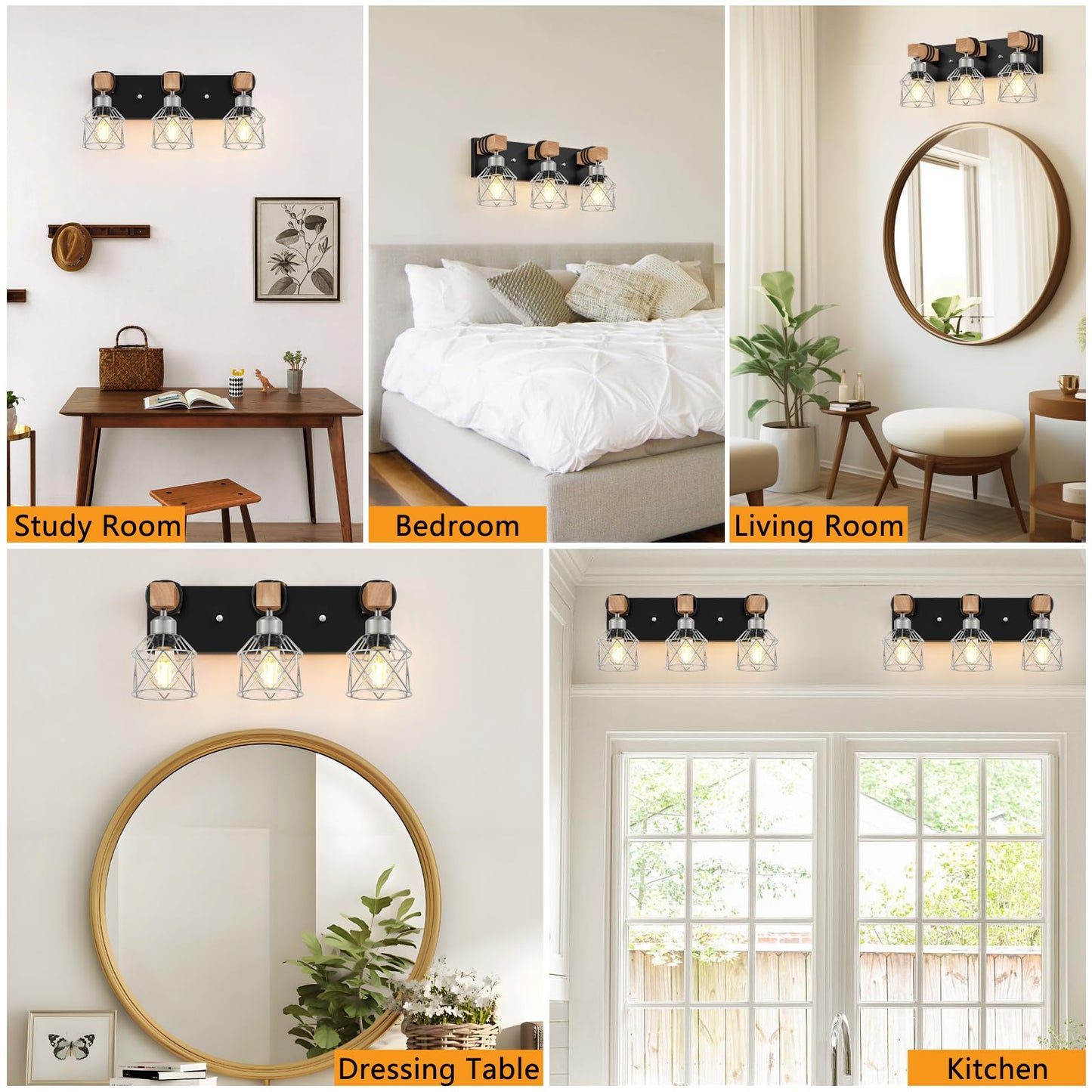 FadimiKoo 3-Light Wood Bathroom Light Fixtures Over Mirror, Rustic Black Silver Famhourse Sconces Wall Decor with Elegant Metal Lampshade for Living Room, Bedroom, Porch