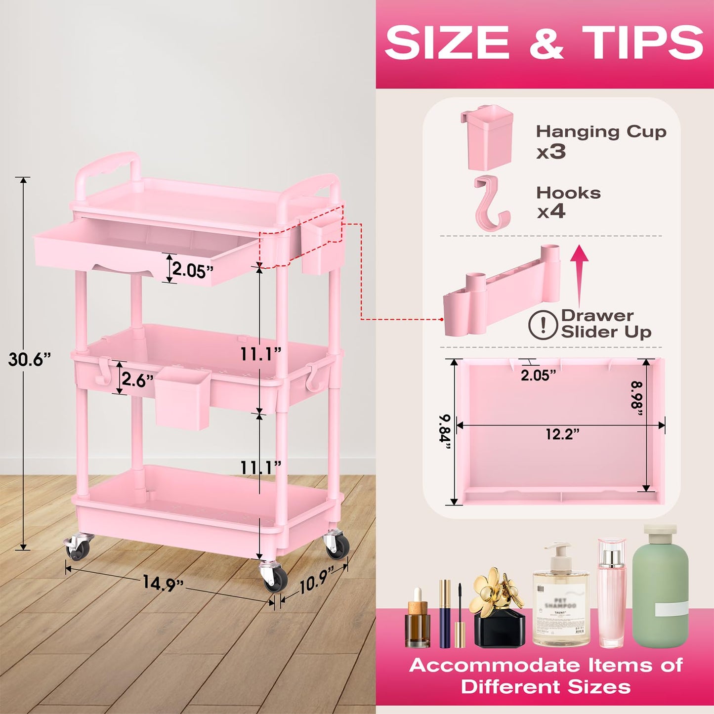 Goovilla Rolling Makeup Organizer Cart with Removable Drawer, 3 Tier Stable Pink Floor Skincare Storage Cart for Vanity, Cosmetic Display, Nail Polish, Perfume, Hair Stuff, Beauty, Bathroom(Plastic)
