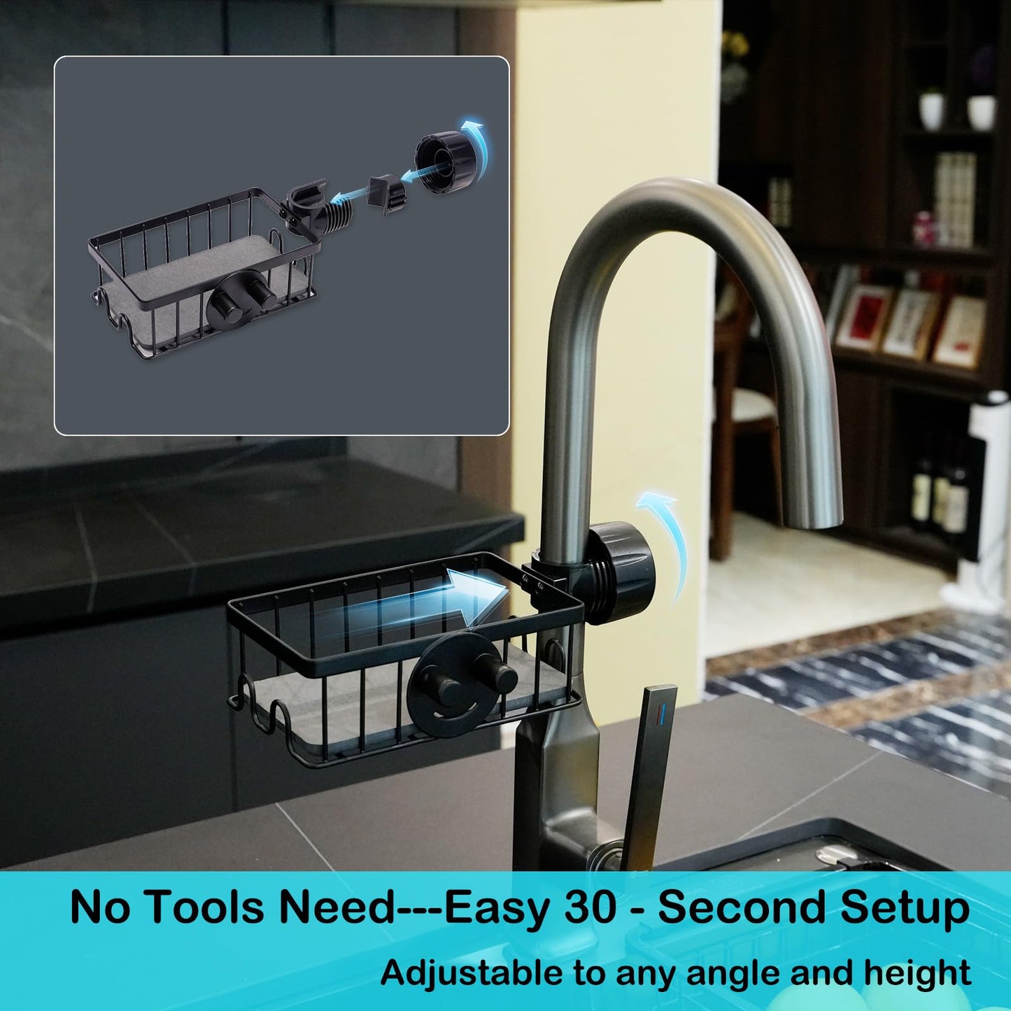 Seltomer Sponge Holder for Kitchen Sink Smiley Face Sponge Holder Over Faucet - Stainless Steel Sink Caddy Organizer with Quick Stone Drying Mat (Black)
