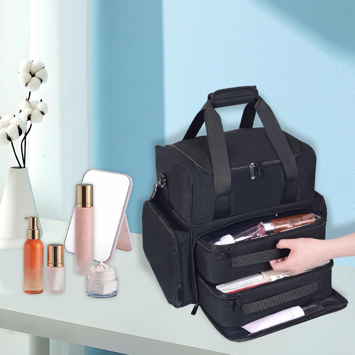 BODMZUANHO Large Makeup Bag with 2 Removable Case Cosmetic,Black