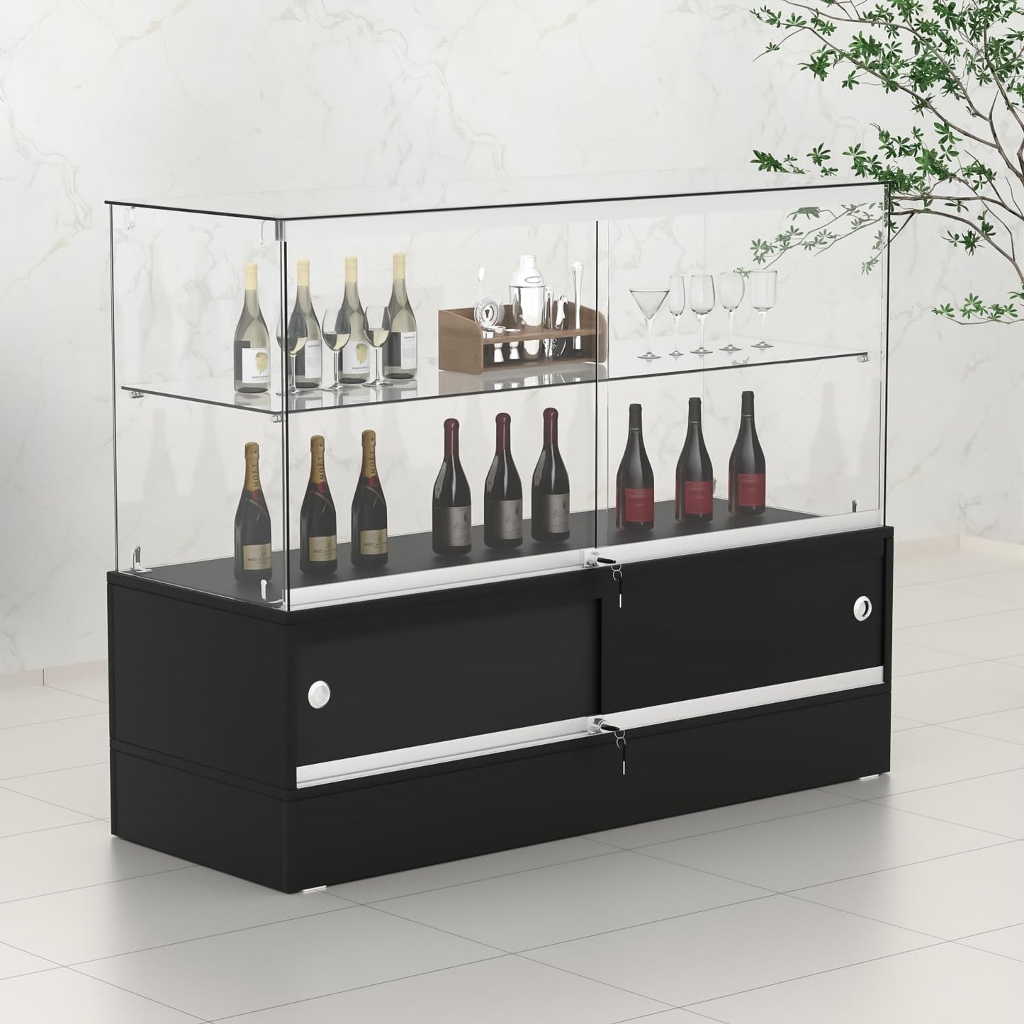 48" W x 17.9" D x 37.9" H - Black Full Vision Retail Display Case, Tempered Glass Display Cabinet with Glass Shelves and Storage Compartment,Storage Cabinets for Retail and Collectible Display