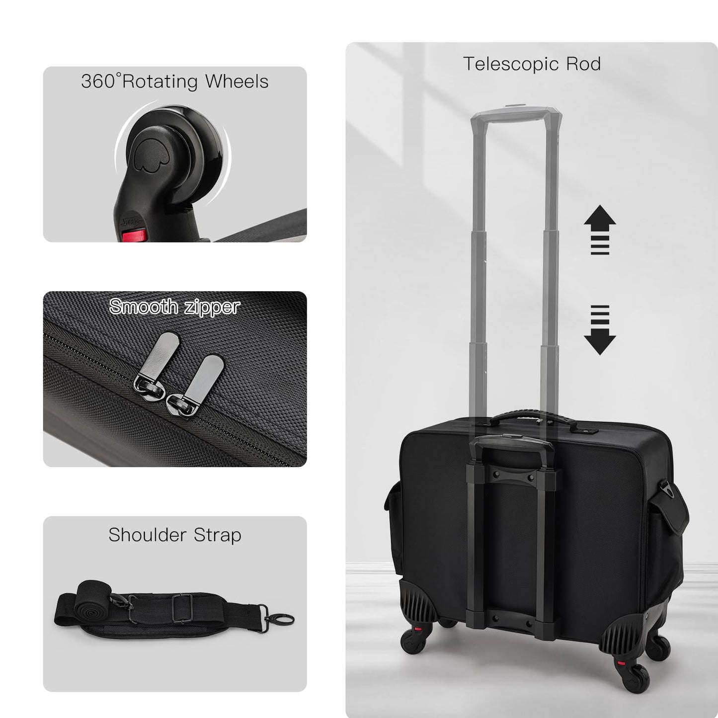 Rolling Makeup Case Cosmetology Case on Wheels Extra Large Cosmetic Artist Bag Portable TravelCase for Hairstylists Nail Tech Traveling Professional Make Up Train Suitcase Carts Trolley, Black