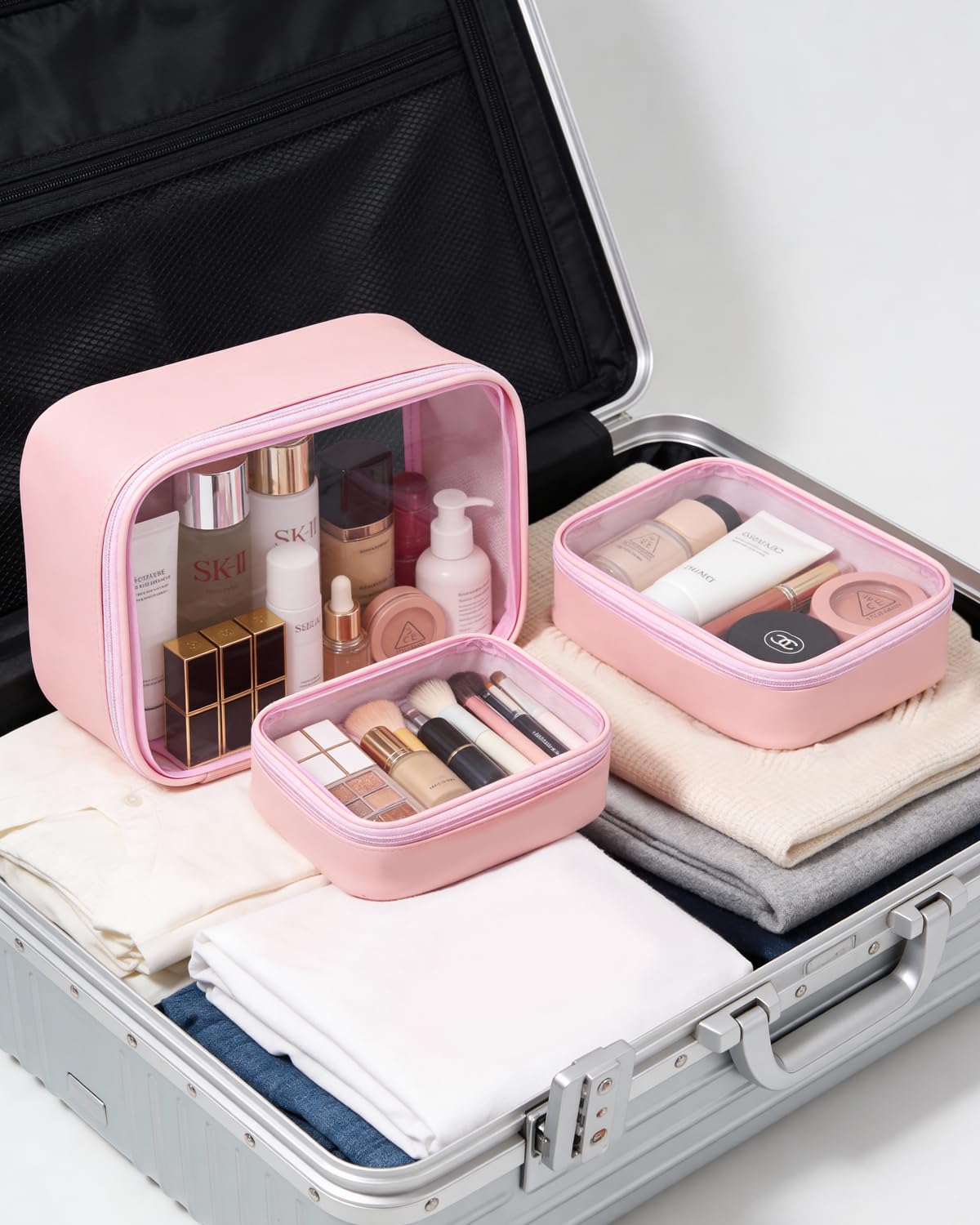 FFpaw Travel Clear Makeup Bag Set for Women, 3 Pack Travel Size Toiletry Bag with Zipper Small Makeup Pouch for Purse Waterproof Portable Cosmetic Case Compact Car Organizer Storage Bag (Pink Set)