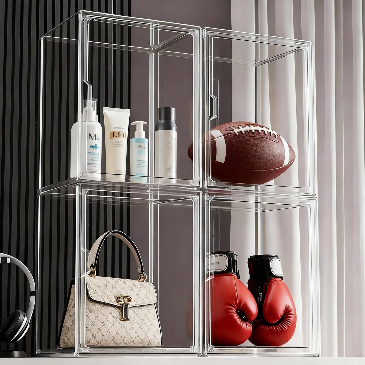 Clear Stackable Storage Bins, Acrylic Display Case, Acrylic Boxes with Lids, Magnetic Lid Storage Bins for Handbags & Purse, Large Figures Collectibles, Storage Box for Home Organization(5 Pack)