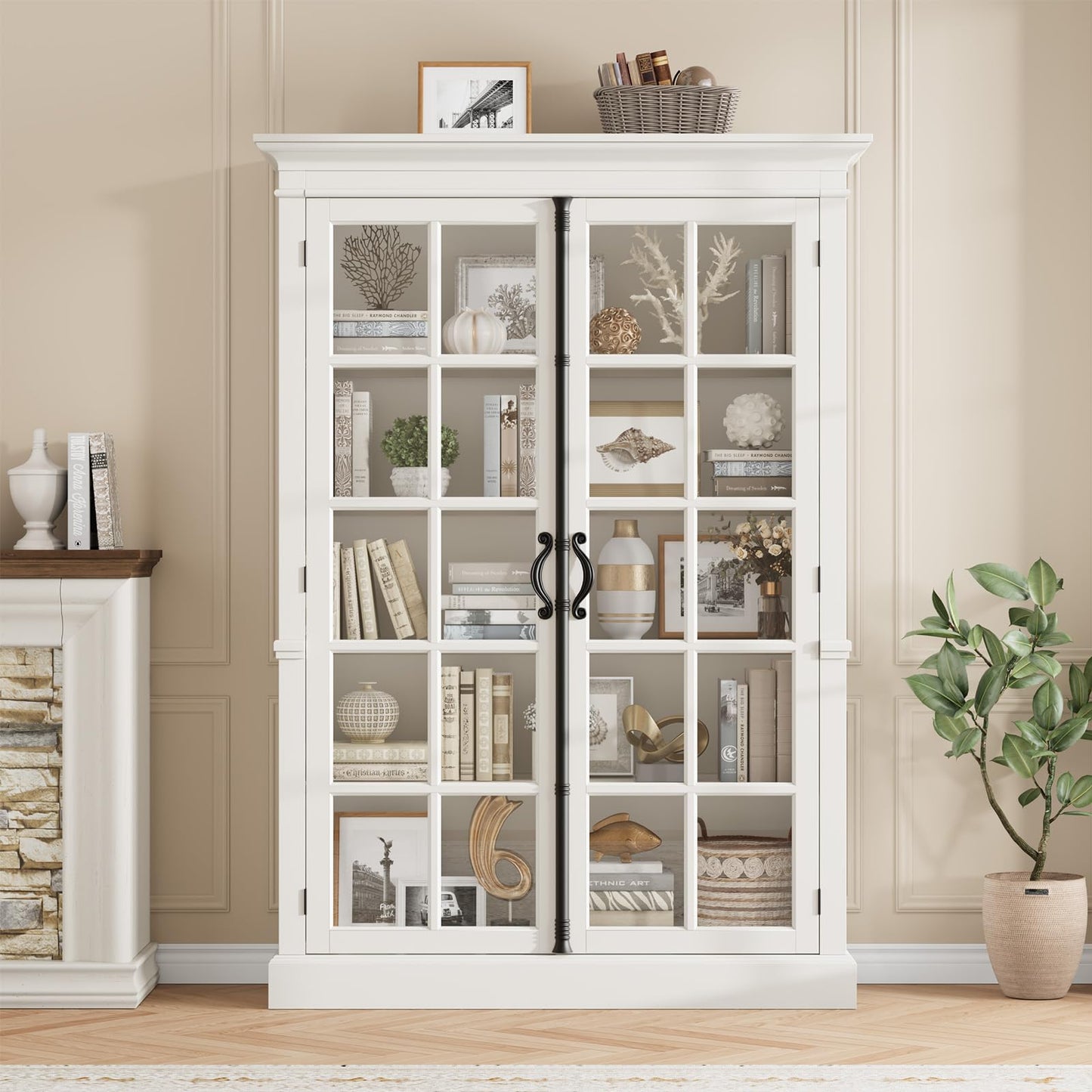 QUW Modern 65" Display Cabinet, 5-Tier Bookcase with Tempered Glass Door, Farmhouse Curio Cabinet with Adjustable Shelves, Tall Storage Cabinet for Office, Kitchen, Living Room, White