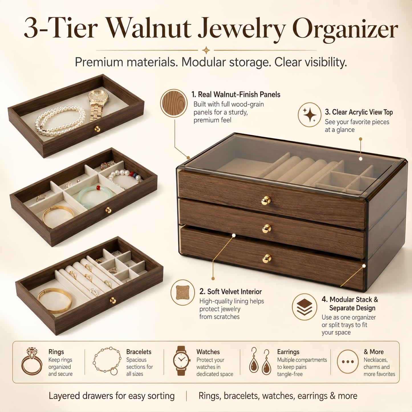 3 - Layer Wooden Drawers Jewelry Box for Women, Jewelry Organizer with Acrylic Cover & Velvet Lining - Adjustable Compartments for Earrings, Rings, Necklaces, Bracelets, Lipstick