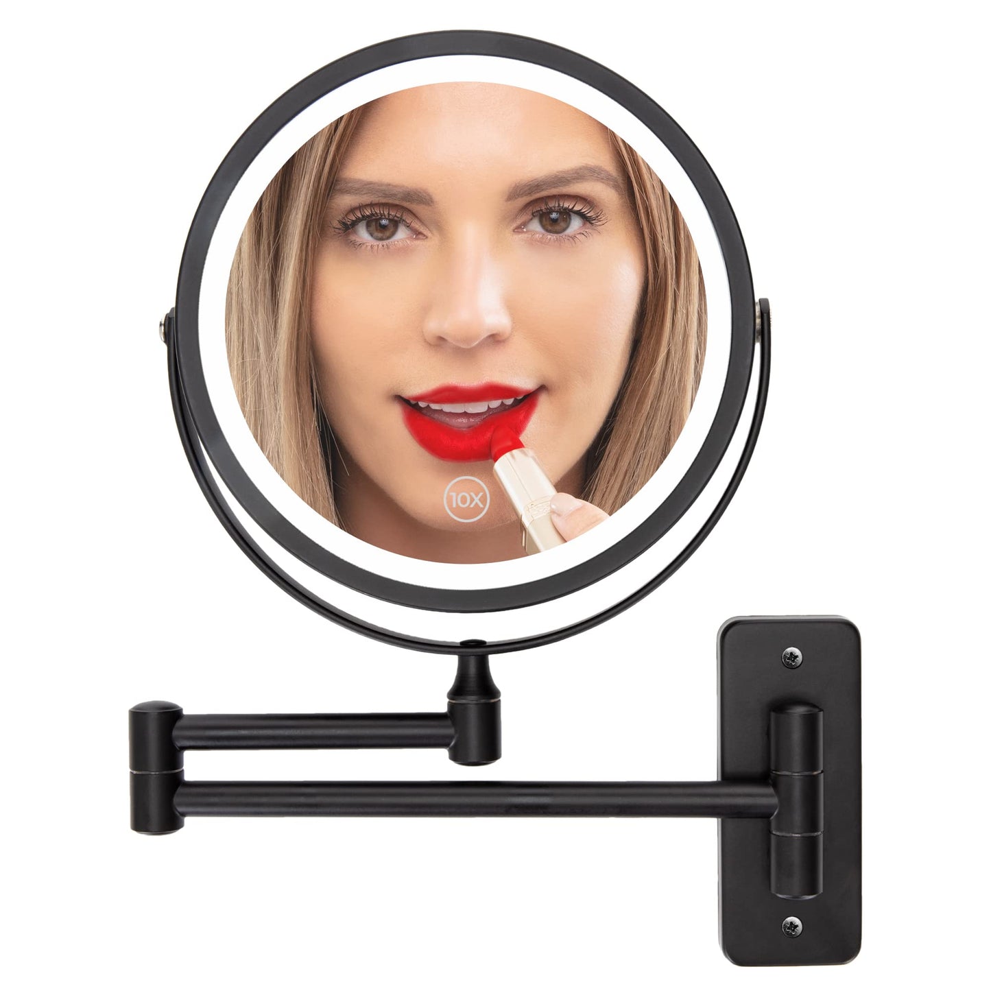 Wall Mounted Lighted Makeup Mirror - Swing Arm Vanity Mirror with Lights and 10X Magnification for Bathroom - Includes Rechargeable LED Cable and Instruction Manual