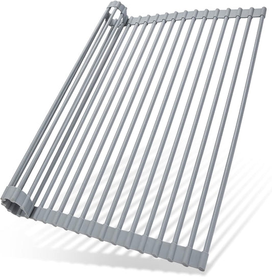 Ohuhu Over Sink Dish Drying Rack Silicone Wrapped 17.6" W x 15.4" L Large Over the Sink Roll Up Dish Drainer - Foldable Sink Drying Rack Rolling Drain Mats Anti-Slip Multipurpose for Kitchen Counter