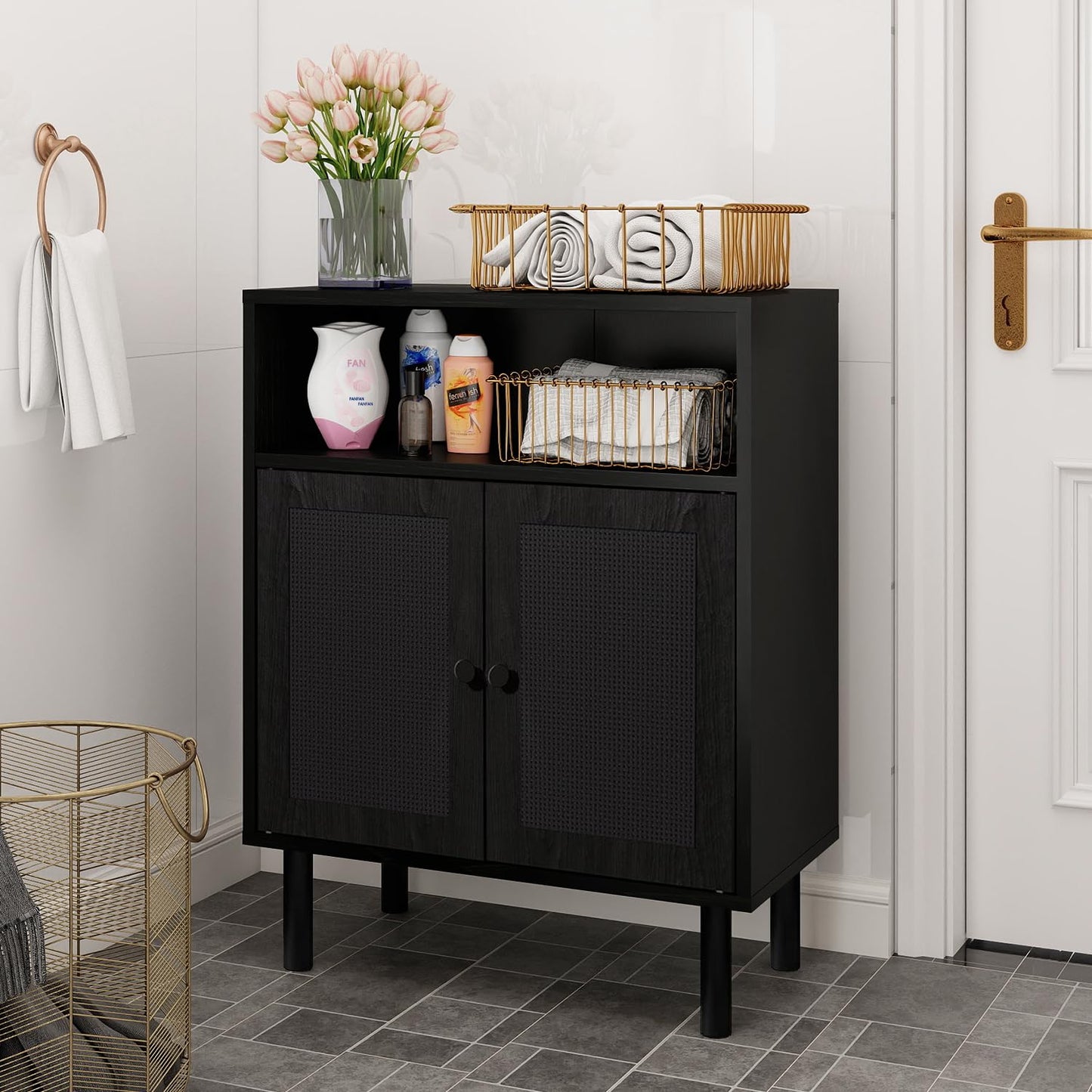 DongRong Rattan Storage Cabinet, Boho Accent Cabinet with Double Doors, Small Freestanding Sideboard for Hallway, Laundry Room,Kitchen, Dining Room, Entryway (Black)