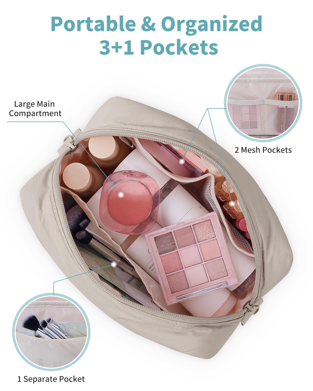 Narwey Quilted Makeup Bag for Women Girl, Puffer Travel Cosmetic Bag Puffy Make Up Bag Organizer, Cute Travel Toiletry Bag for Toiletries (Khaki)