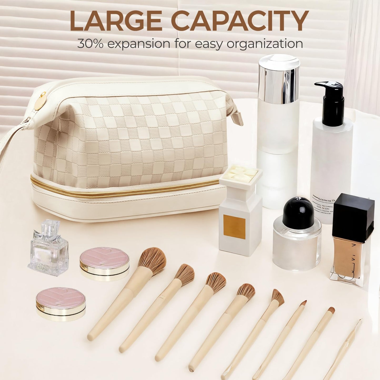 Hairao Large Makeup Bag for Women, Double Layer Travel Makeup Bag with Brush Compartment, Waterproof PU Leather Cosmetic Bag, Checkered Toiletry Bag Makeup Organizer for Skincare & Toiletries, Beige