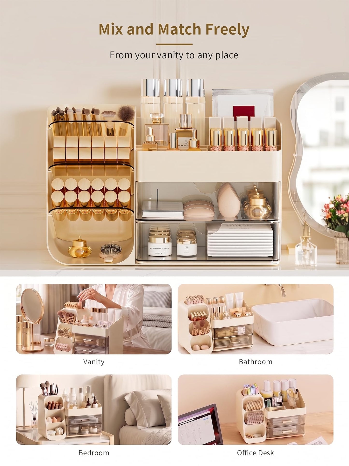 Booklov Makeup Organizer for Vanity, Countertop Cosmetic Display Case with Clear Acrylic Drawers, Bathroom Counter Beauty Caddy, Cute Table Storage Holder for Skincare, Brush Lipsticks, Crystal Creem