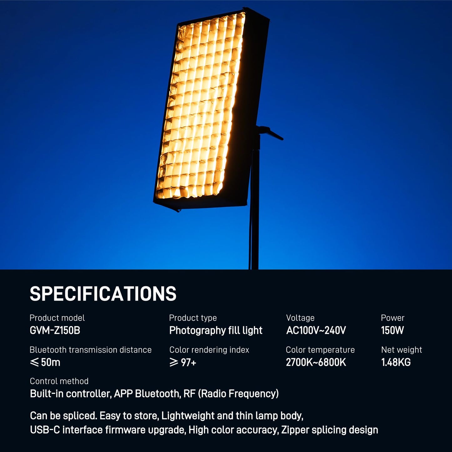 GVM ZipTile Z150B Bi-Color Flexible LED Video Light 2700K~6800K, 15500 lux/m 150W Output Panel Light, 12 Lighting FX with Honeycomb Grid Soft Box, Support App Control for Studio Photography Lighting