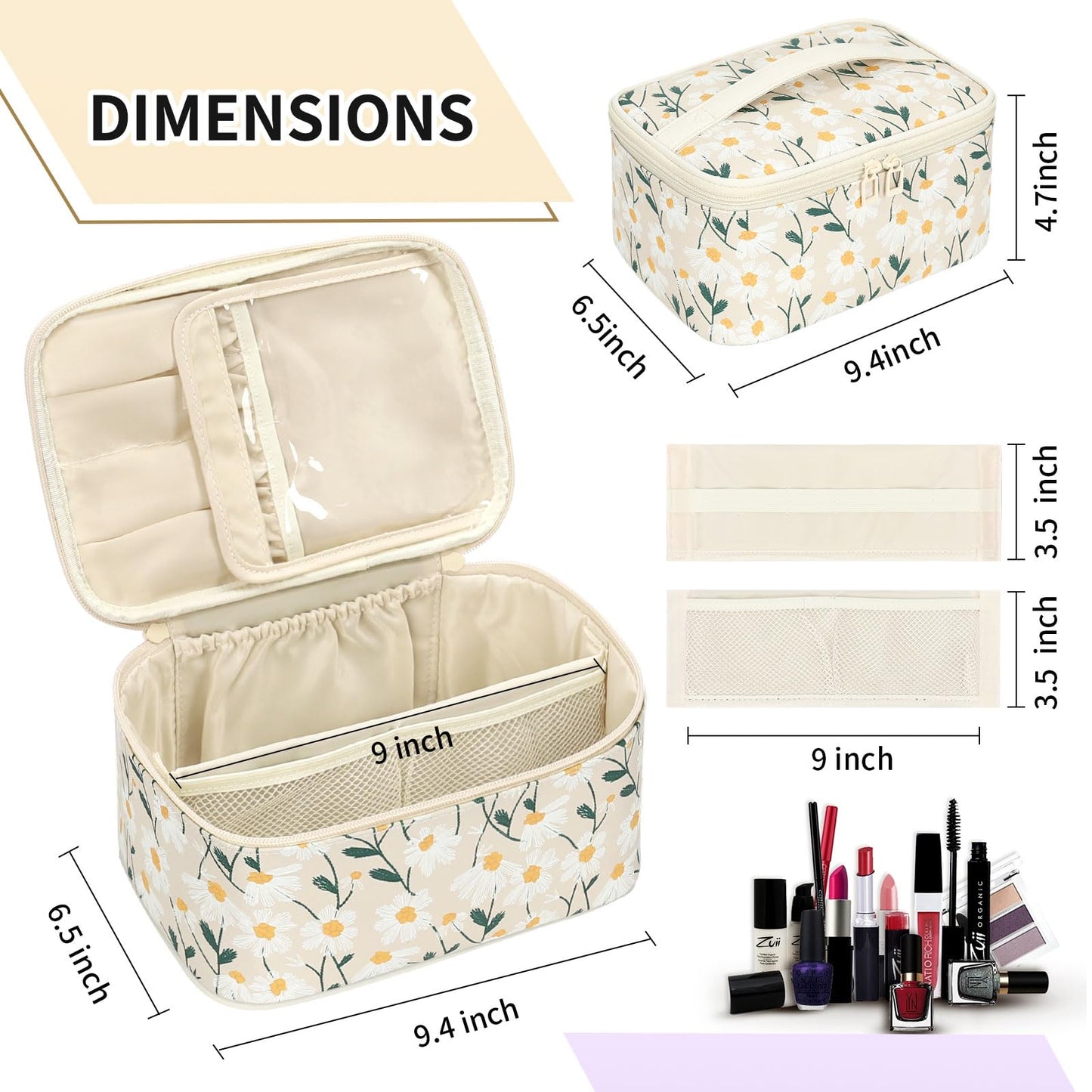 OCHEAL Makeup Bag,Travel Makeup Organizer Bag, Cute Cosmetic Bags for Women Girls Travel Toiletry Bag Traveling With Brush Slot And Divider-Floral