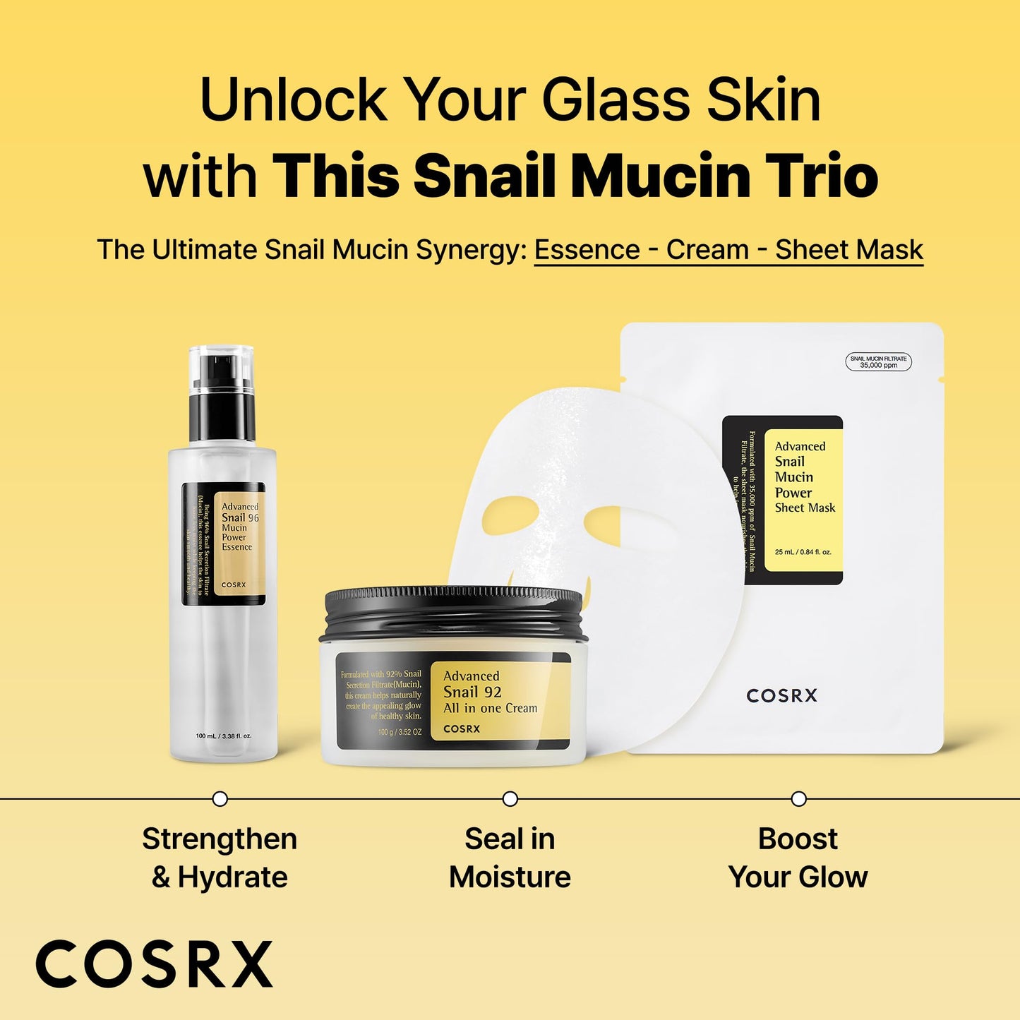 COSRX Snail Mucin Sheet Mask 10 EA with Snail Mucin Serum, Hydrating Face Sheet Masks for Dry & Sensitive Skin, Korean Face Mask for Self Care, Korean Skin Care