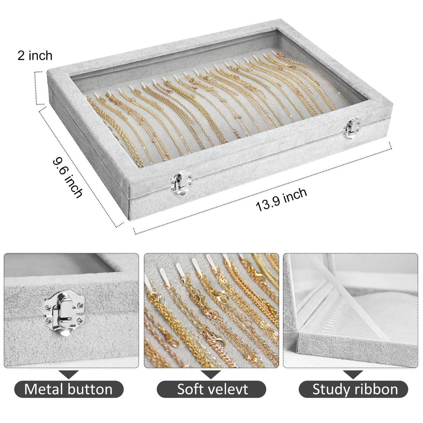 Bivisen Necklace Organizer Box with Clear Lid Velvet Tray for Jewelry Storage Display Case, 20 Hooks Glass Top Drawer Insert Necklaces Pendants Dustproof Necklace Jewelry Box Organizer & Tray (Grey)