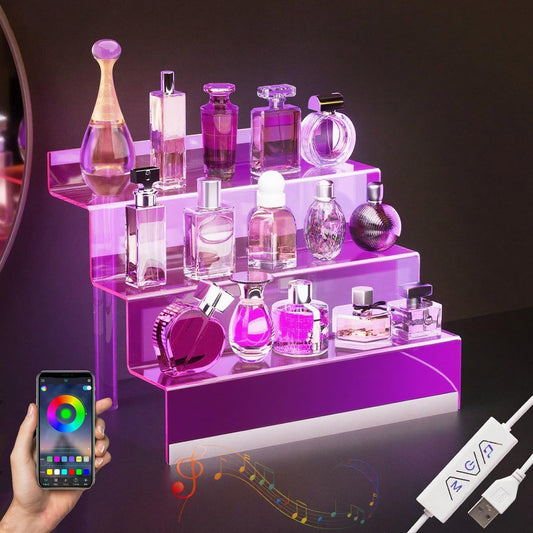 12” Acrylic Display Organizer with LED Light - 3 Tier Perfume Organizer for Women, Cologne Organizer for Men, Perfume Stand and Display Step Shelves Holder, Clear Riser, Figures Stand, Dessert Shelf