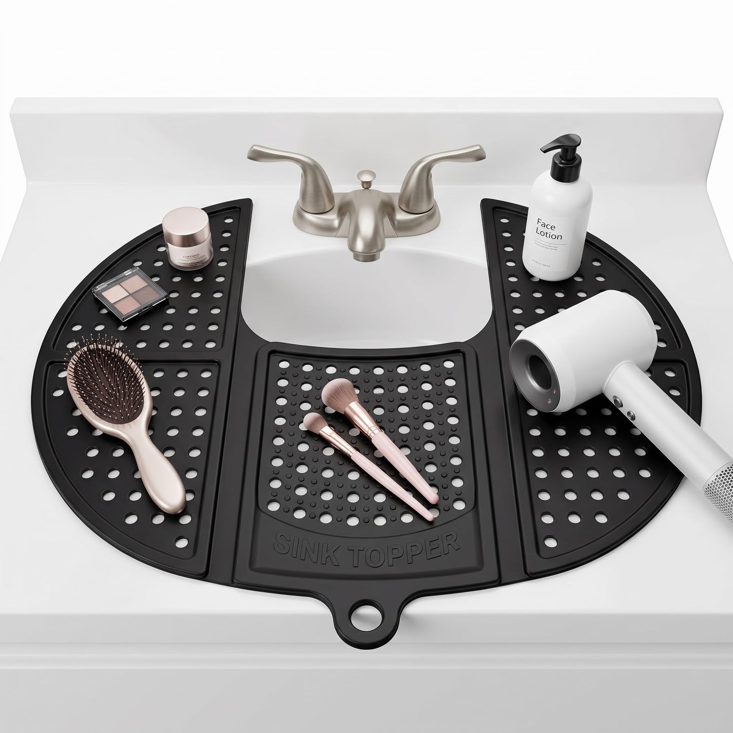 Sink Topper Bathroom Counter Cover & Storage Saver, Foldable Silicone Mat for Hot Tools, Hair Styling & Makeup, Beauty Brush Cleaning Mat, RV Camper Sink Cover & for Small Spaces (Standard Black)